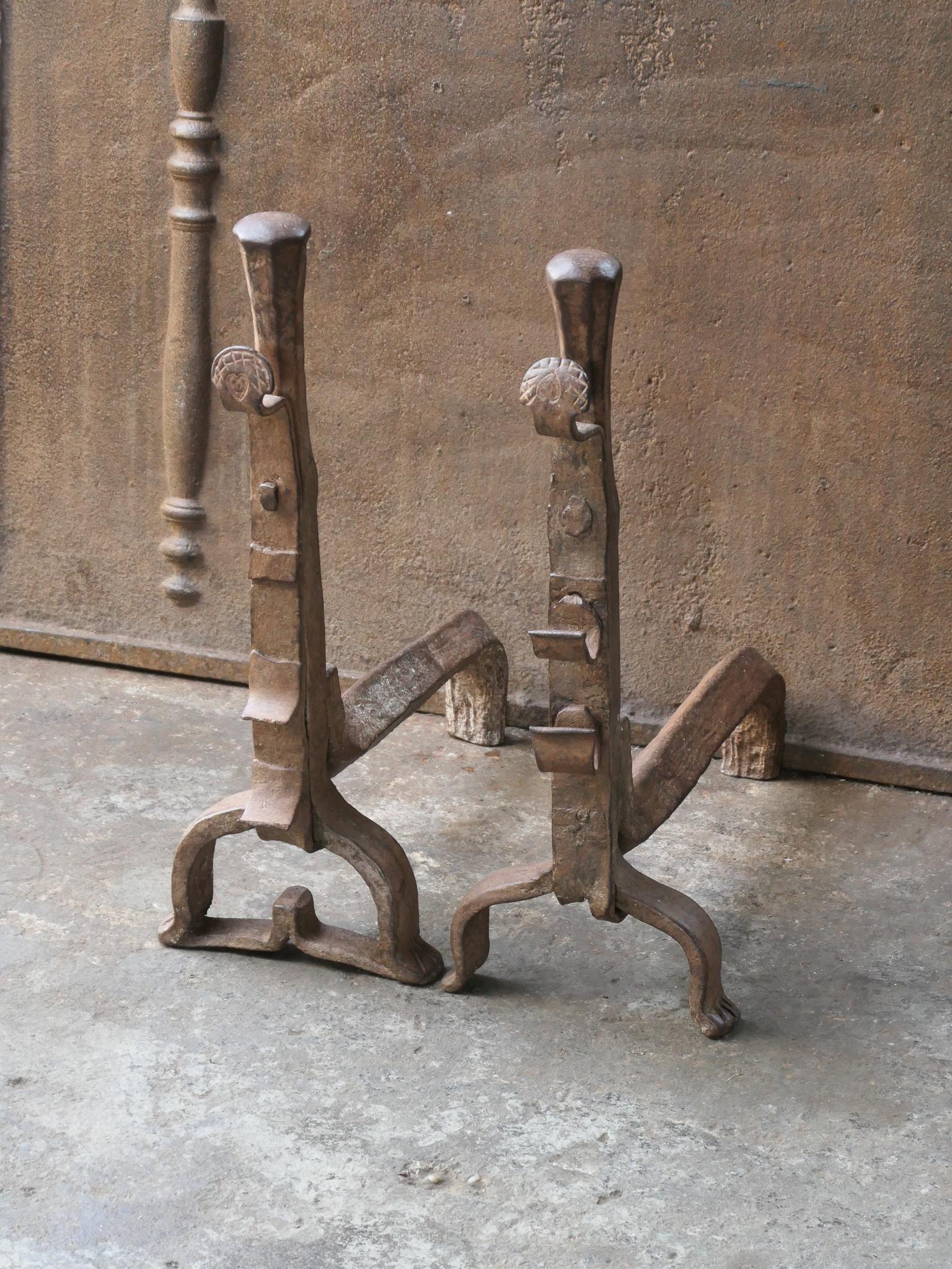 Wrought Iron Antique French Gothic Andirons or Firedogs, 17th Century