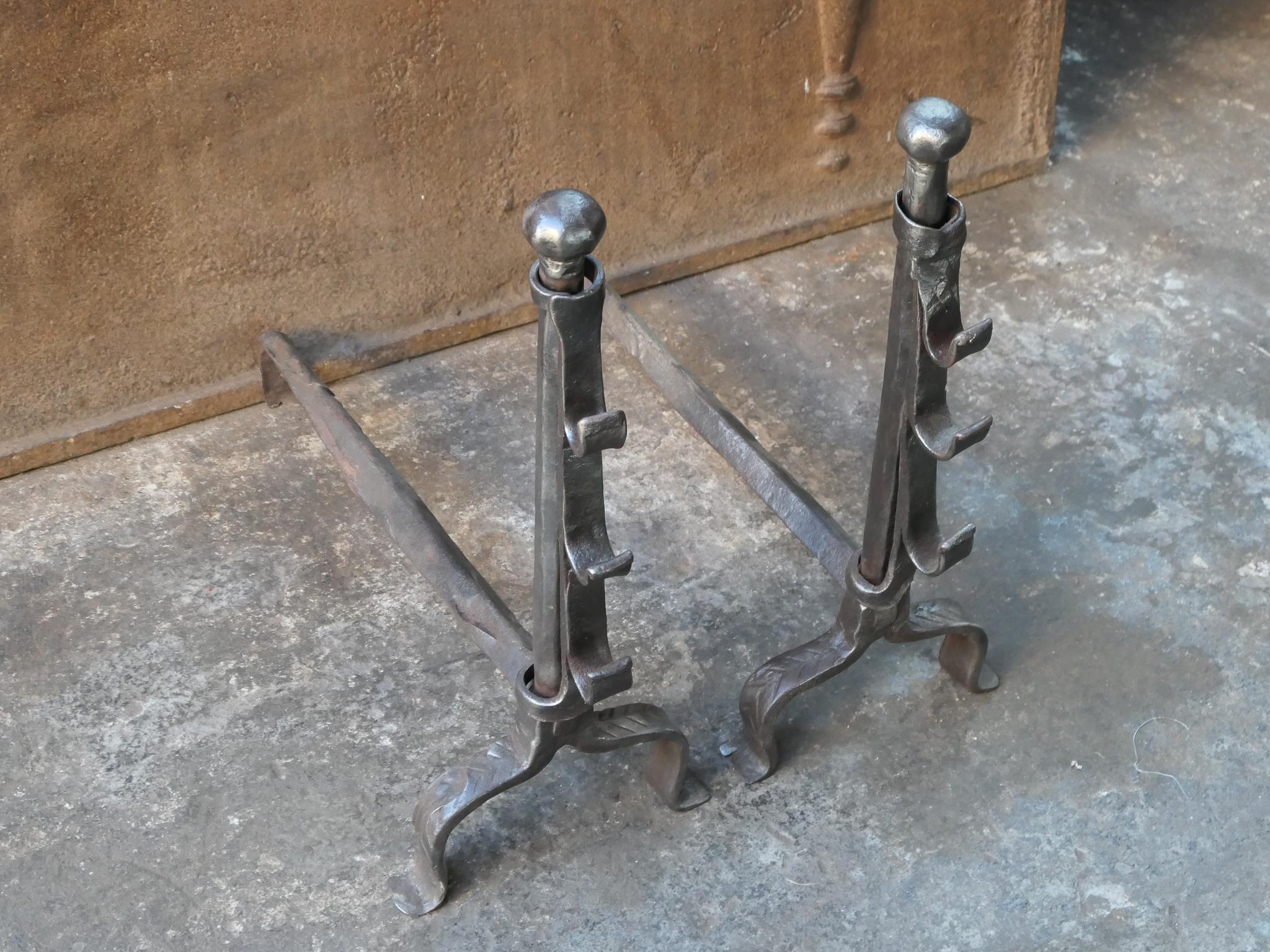 Wrought Iron Antique French Gothic Andirons or Firedogs, 17th Century For Sale