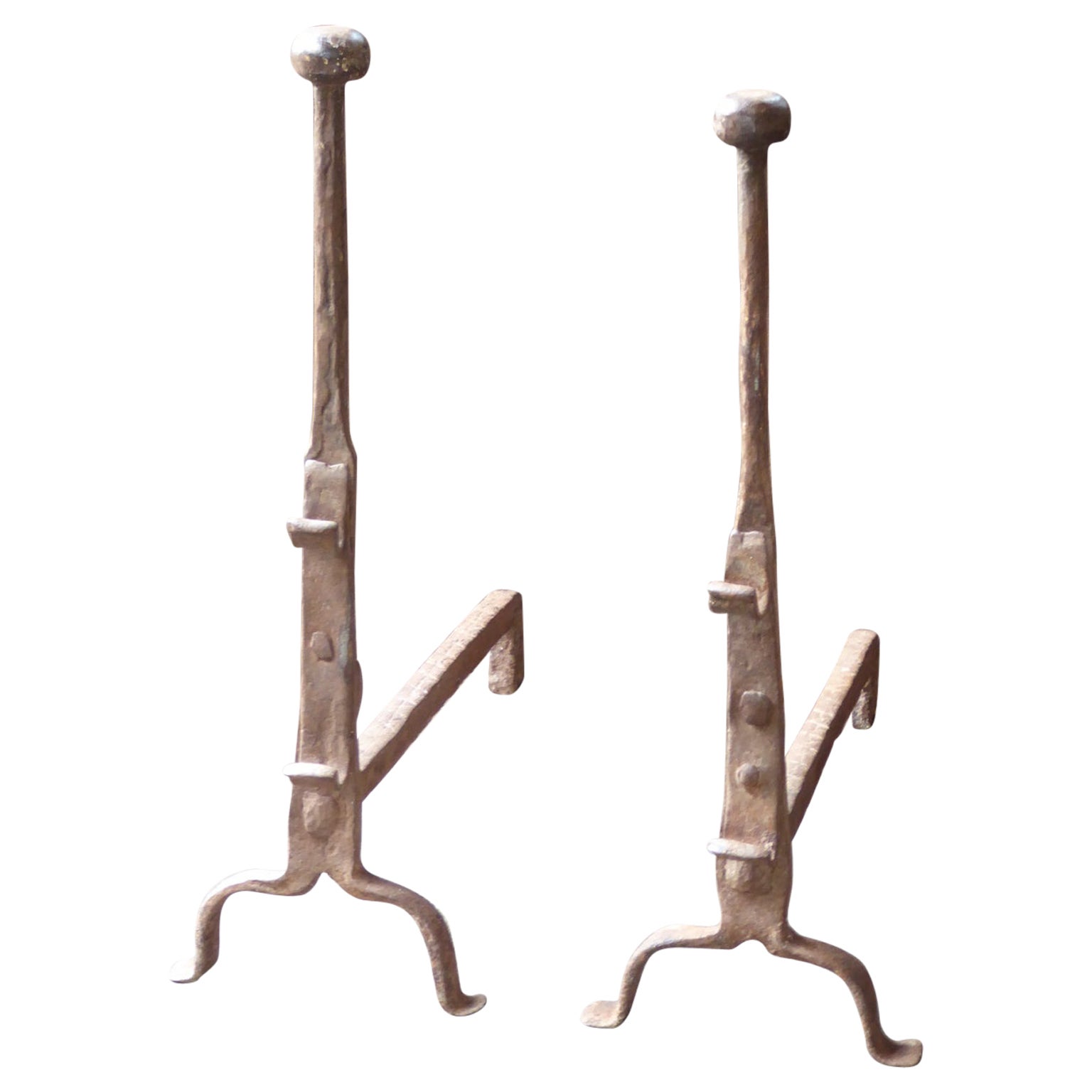 Antique French Gothic Andirons or Firedogs, 17th Century