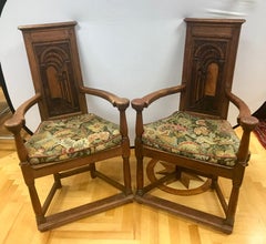 Antique French Gothic Armchairs Chairs with Original Tapestry Upholstery