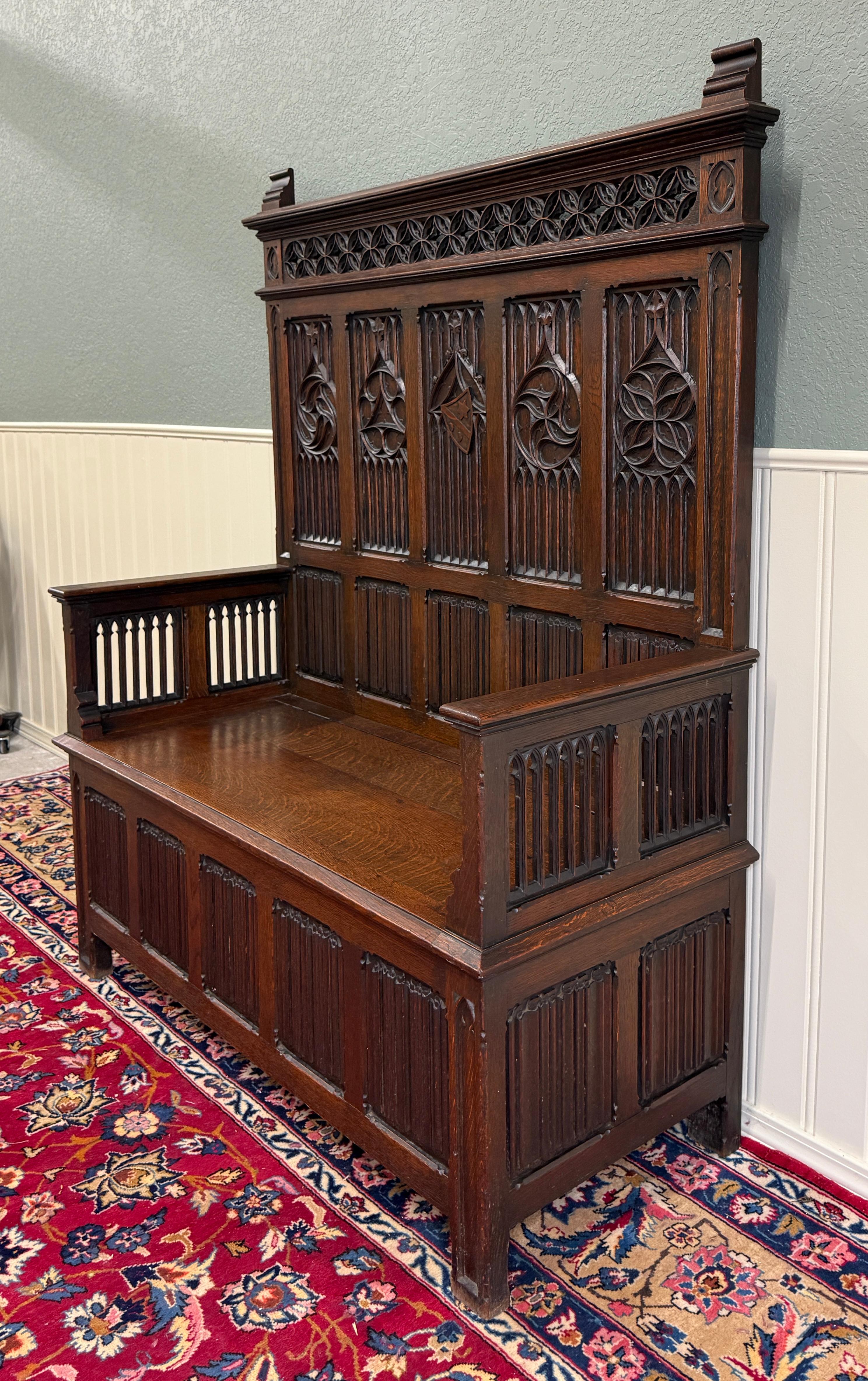 Carved Antique French Gothic Bench Settee Oak Arches Linen Fold Lift Top Seat c. 1900 For Sale