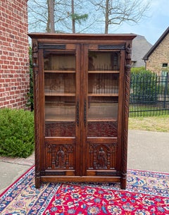 Antique French Gothic Bookcase Cabinet Bookshelf 2 Glass Doors Oak c. 1920s-30s