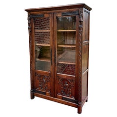 Antique French Gothic Bookcase Cabinet Bookshelf 2 Glass Doors Oak c. 1920s-30s