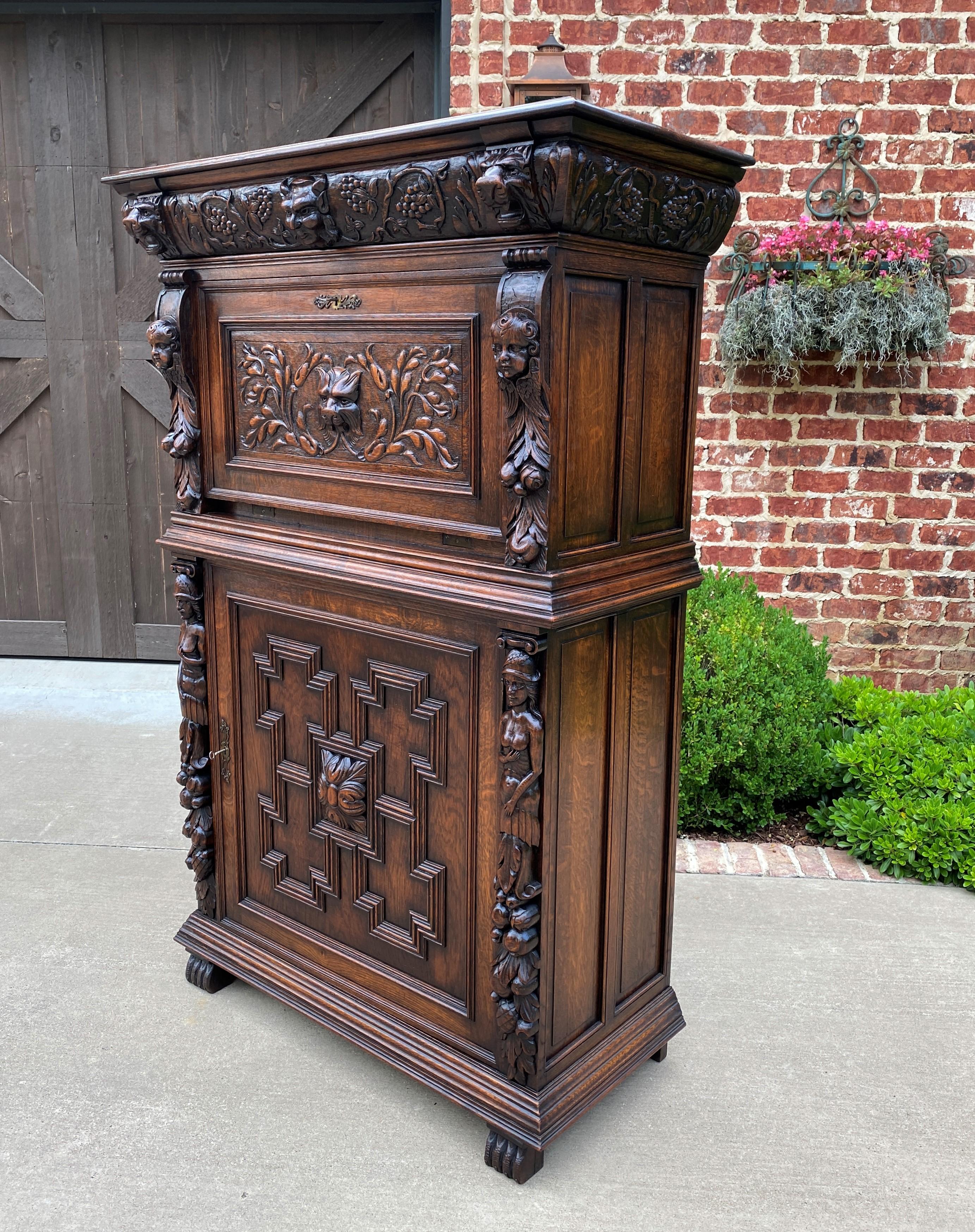 Antique French Gothic Cabinet Bar Liquor Cupboard Fall Front Oak Renaissance  6