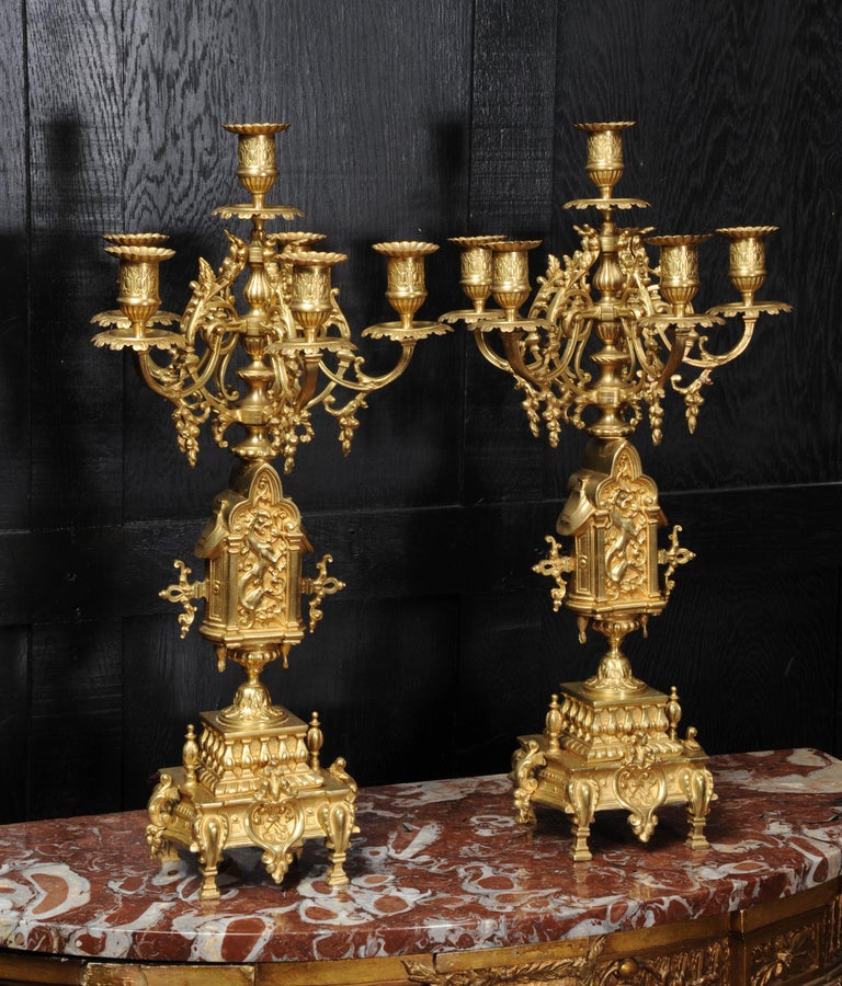 Antique French Gothic Candelabra Gilt Bronze, Lions Rampant at 1stDibs
