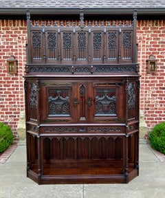 Antique French Gothic Cathedral Vestry Altar Wine Cabinet Bar Carved Oak 115" T