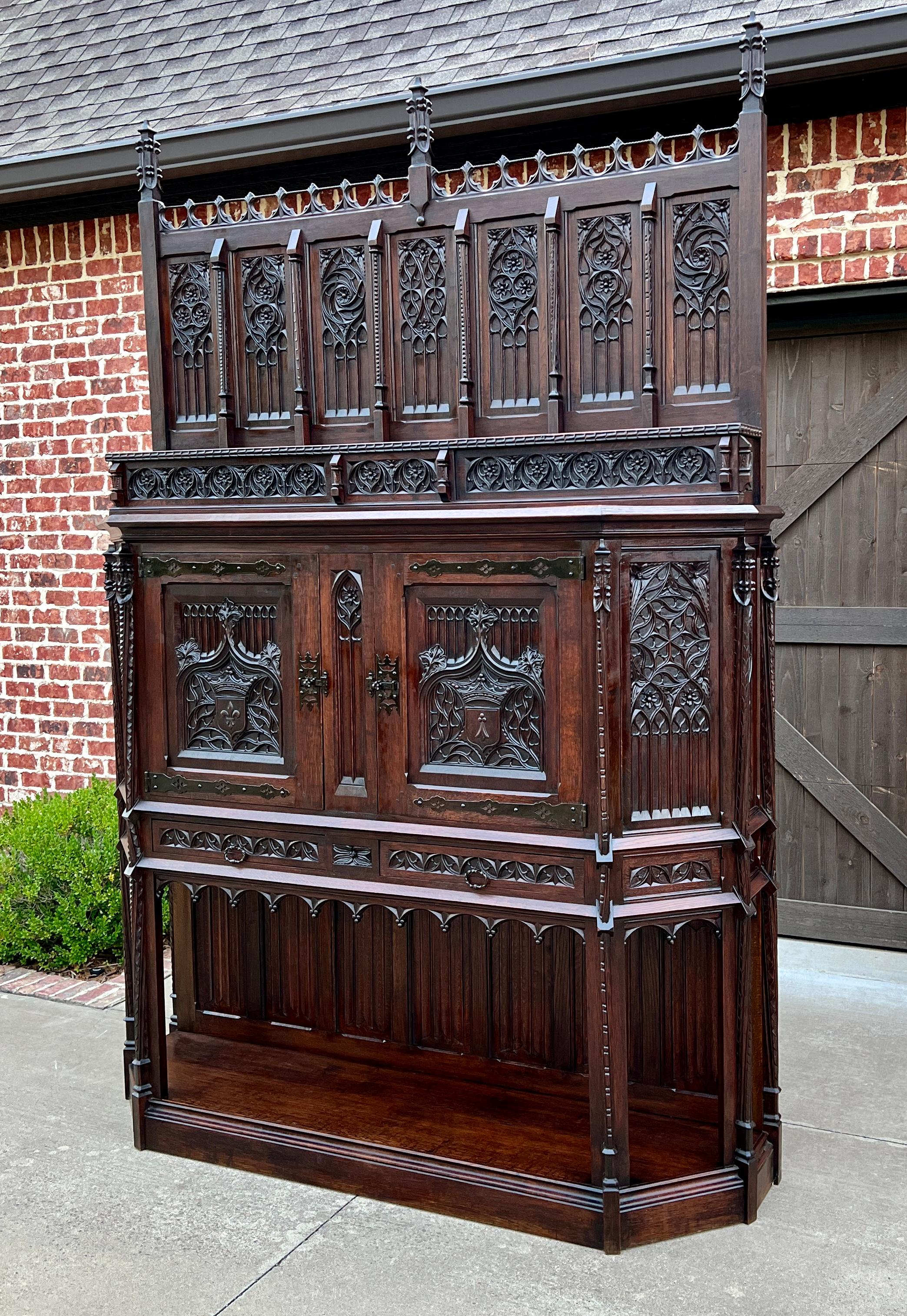 Gothic Revival Antique French Gothic Cathedral Vestry Altar Wine Cabinet Bar Carved Oak 115