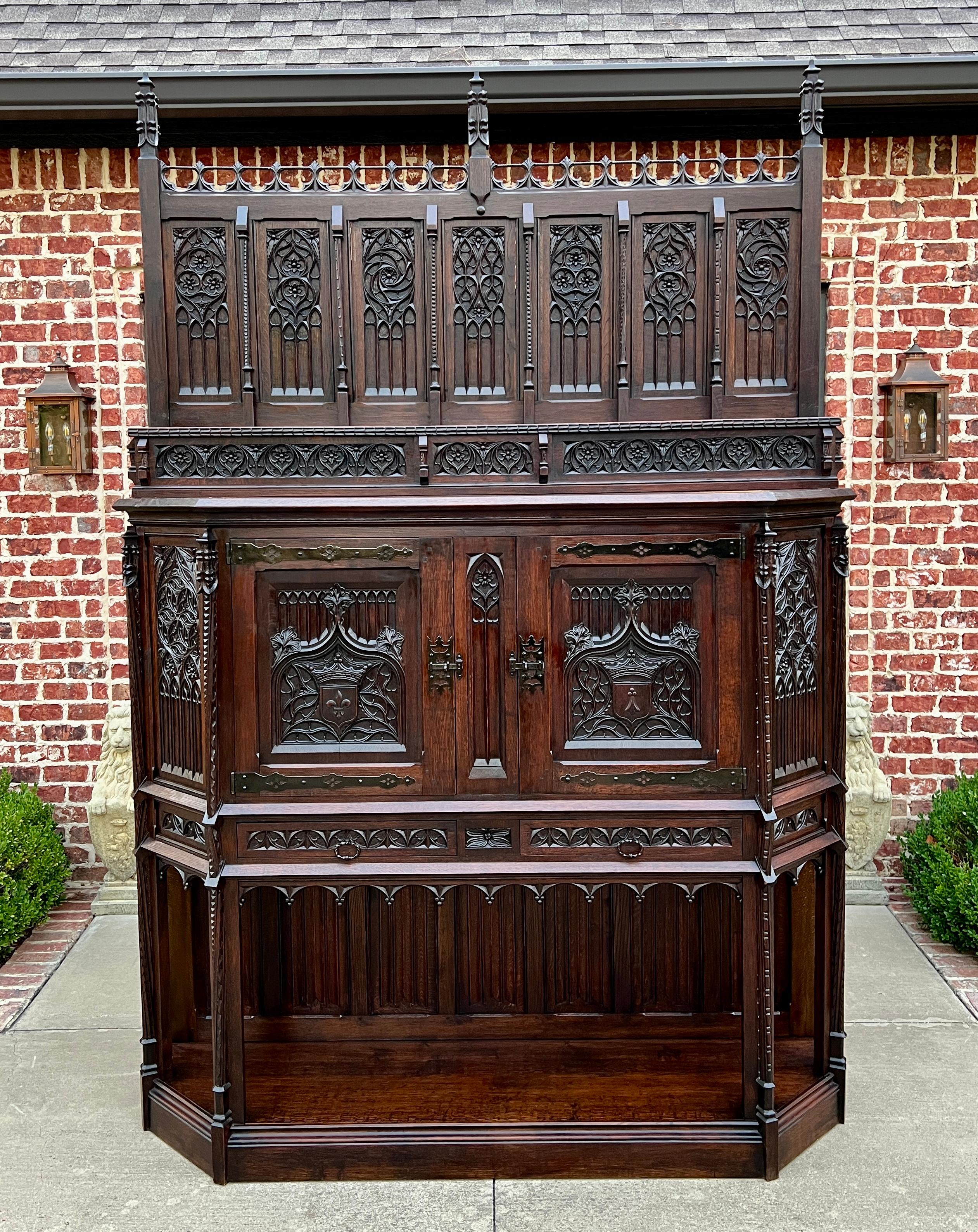 Mid-19th Century Antique French Gothic Cathedral Vestry Altar Wine Cabinet Bar Carved Oak 115