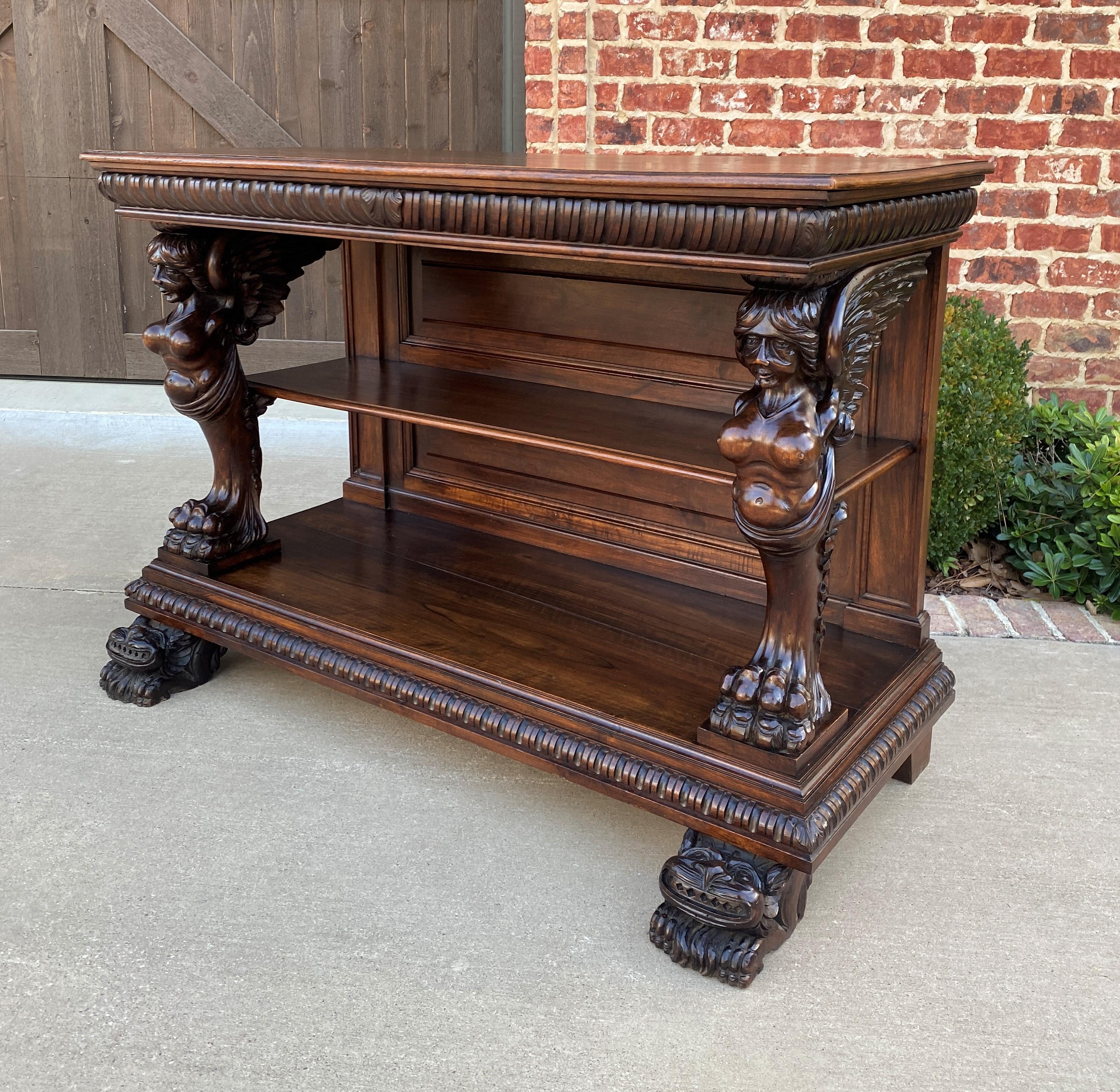 Antique French Gothic Console Table Server Sideboard 2-Tier Walnut Winged Figure For Sale 3