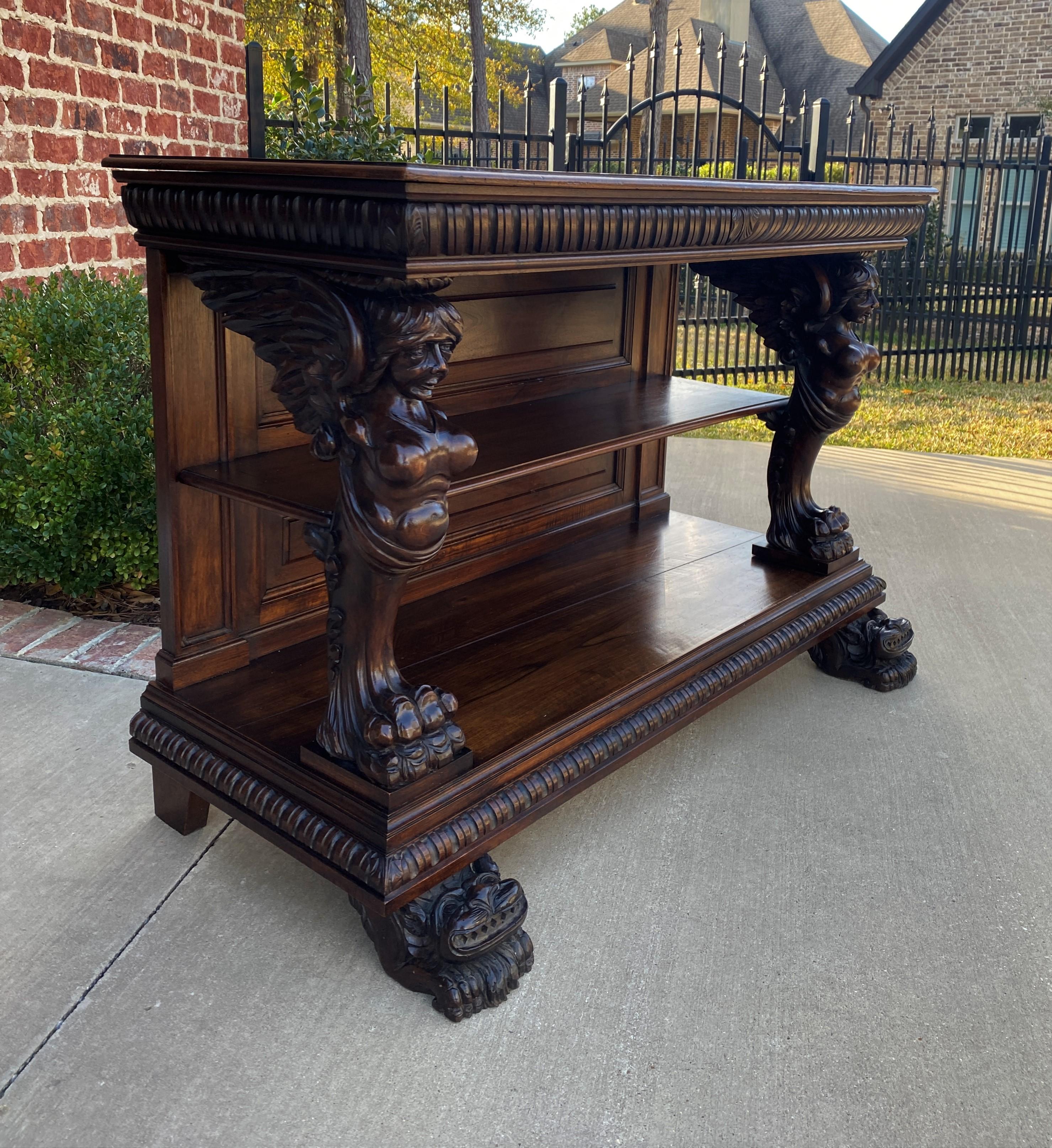 Antique French Gothic Console Table Server Sideboard 2-Tier Walnut Winged Figure For Sale 10