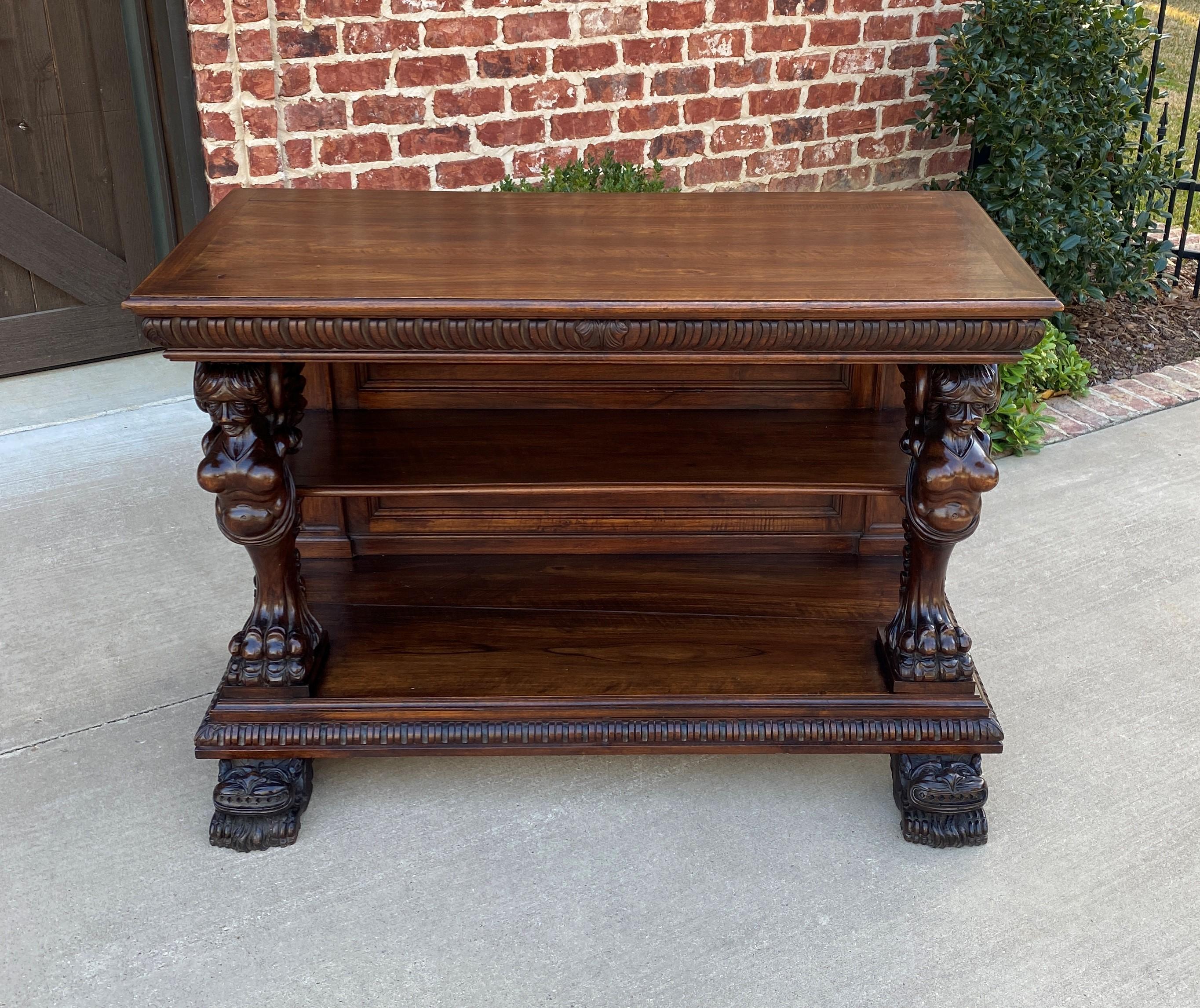 Antique French Gothic Console Table Server Sideboard 2-Tier Walnut Winged Figure For Sale 11