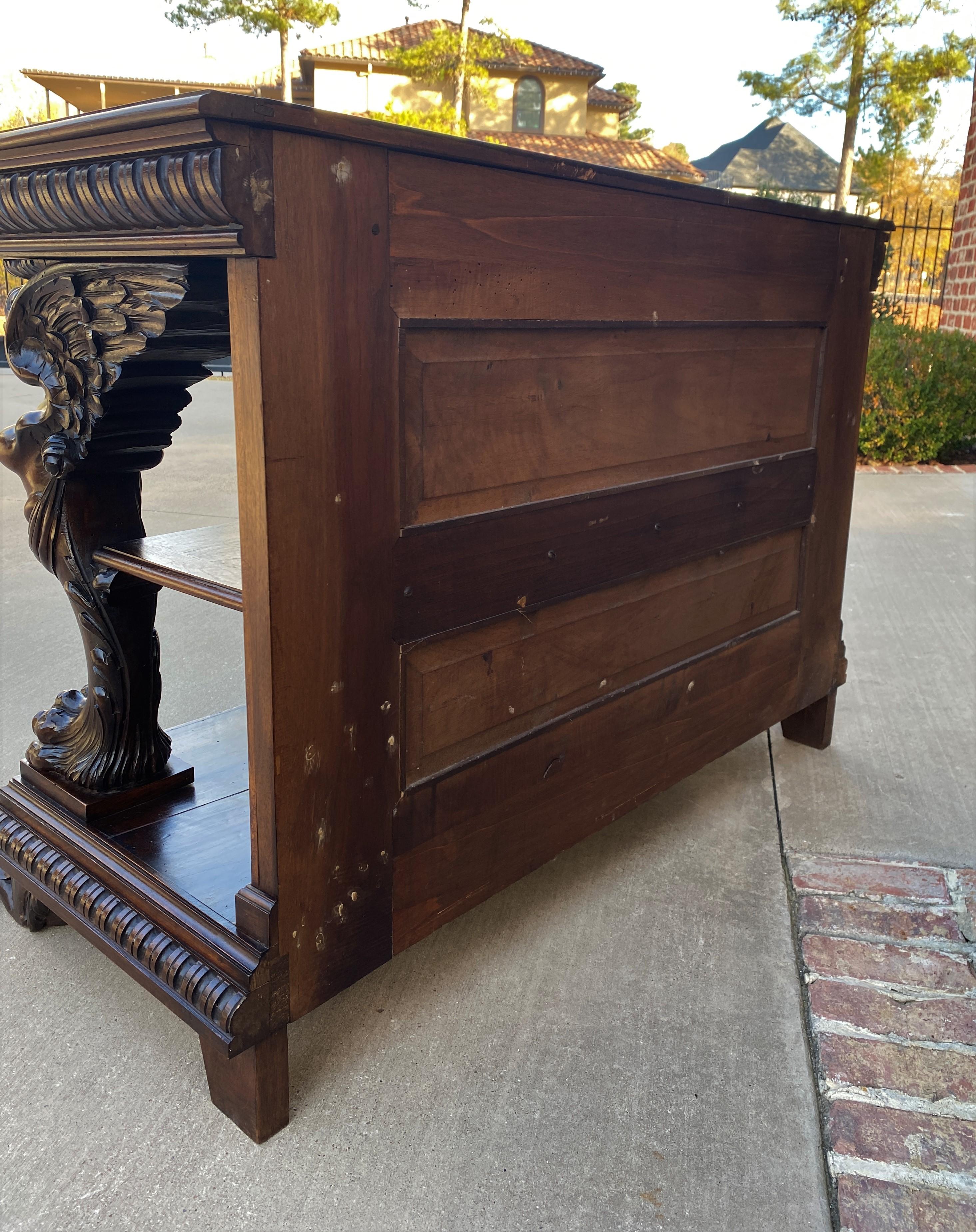 Antique French Gothic Console Table Server Sideboard 2-Tier Walnut Winged Figure For Sale 12
