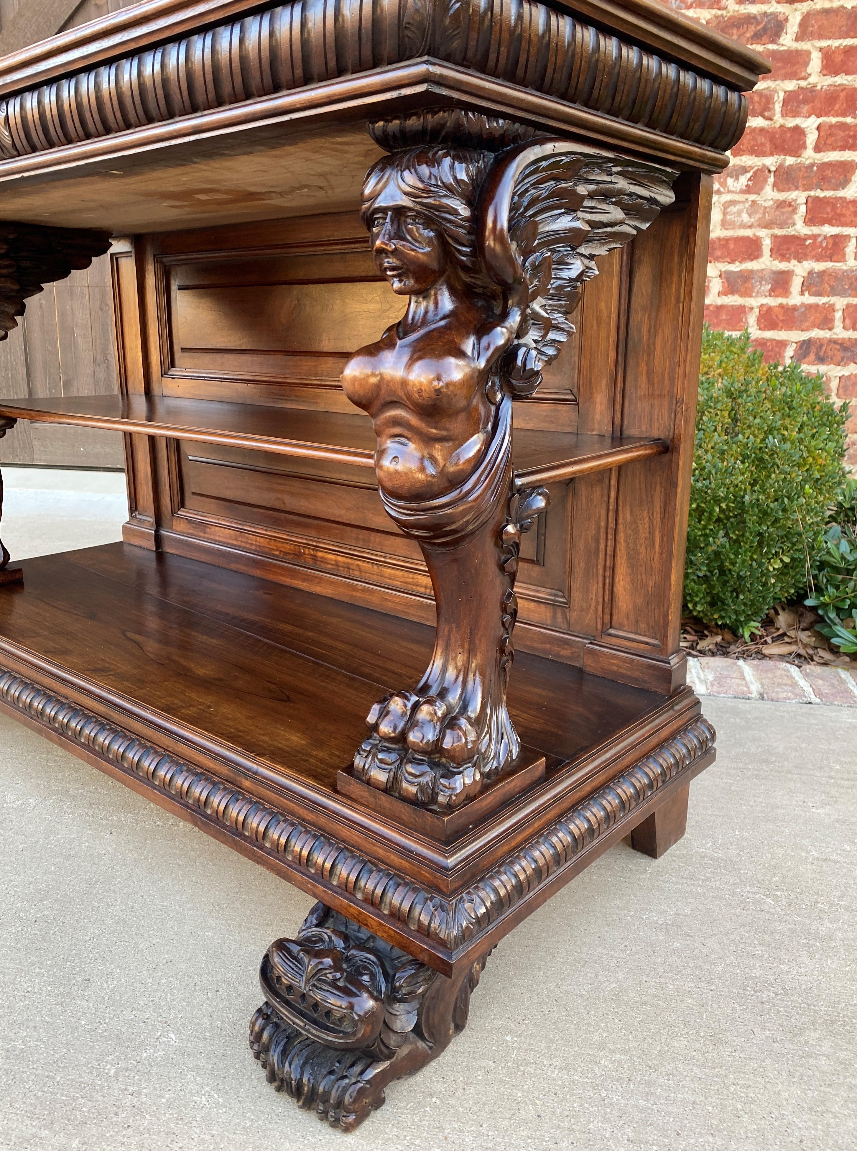Carved Antique French Gothic Console Table Server Sideboard 2-Tier Walnut Winged Figure