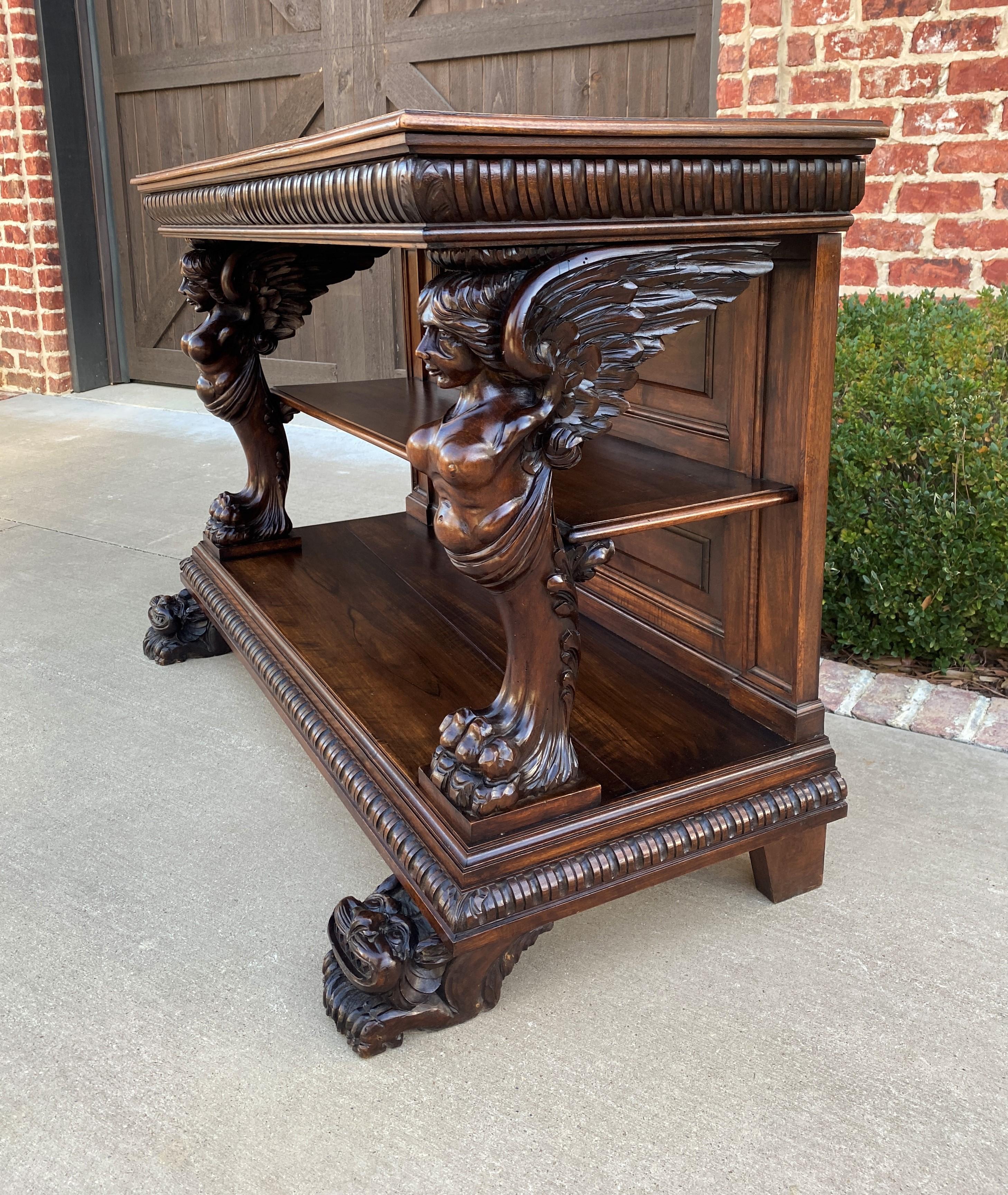 Antique French Gothic Console Table Server Sideboard 2-Tier Walnut Winged Figure In Good Condition For Sale In Tyler, TX