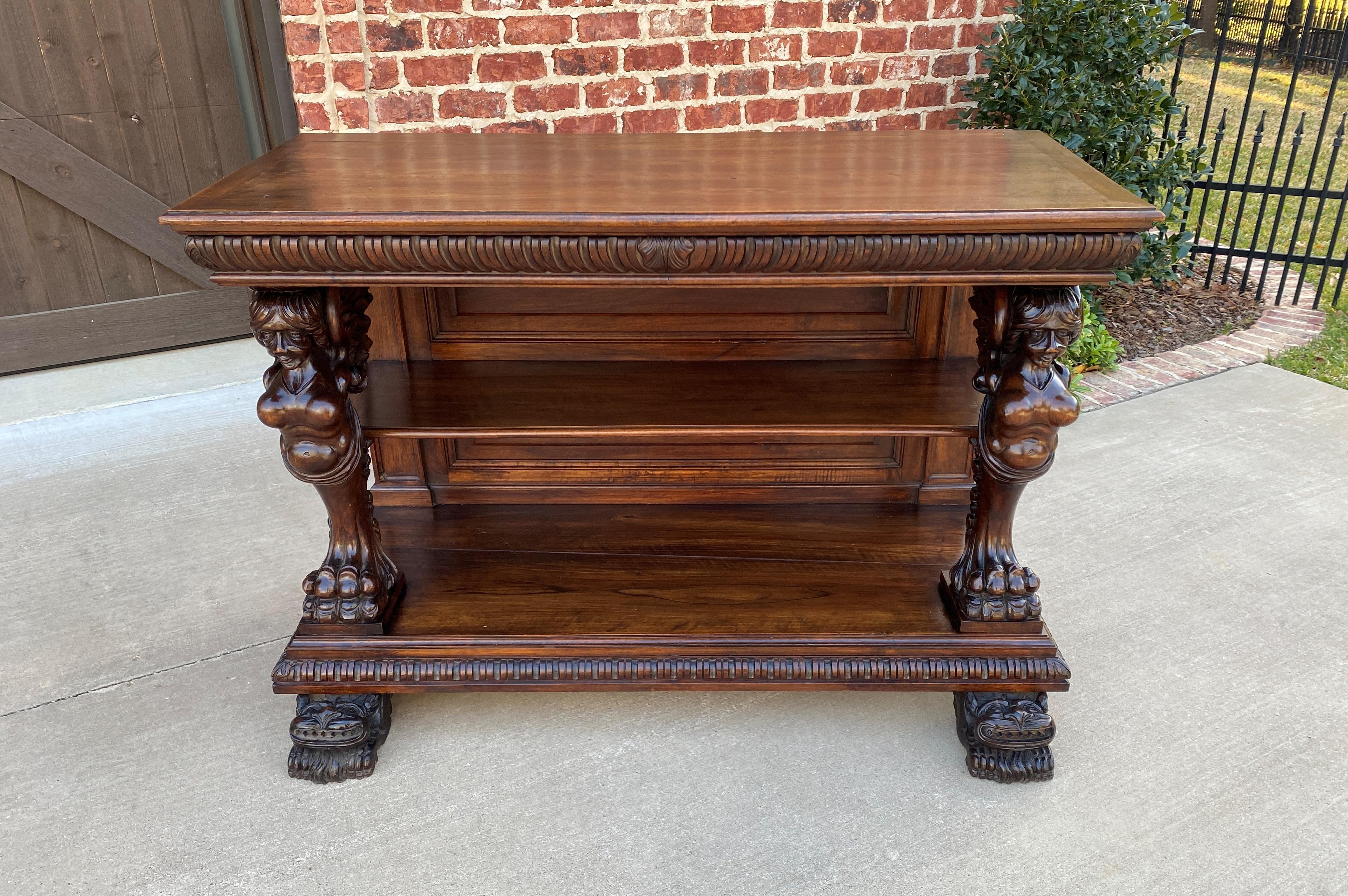 19th Century Antique French Gothic Console Table Server Sideboard 2-Tier Walnut Winged Figure For Sale