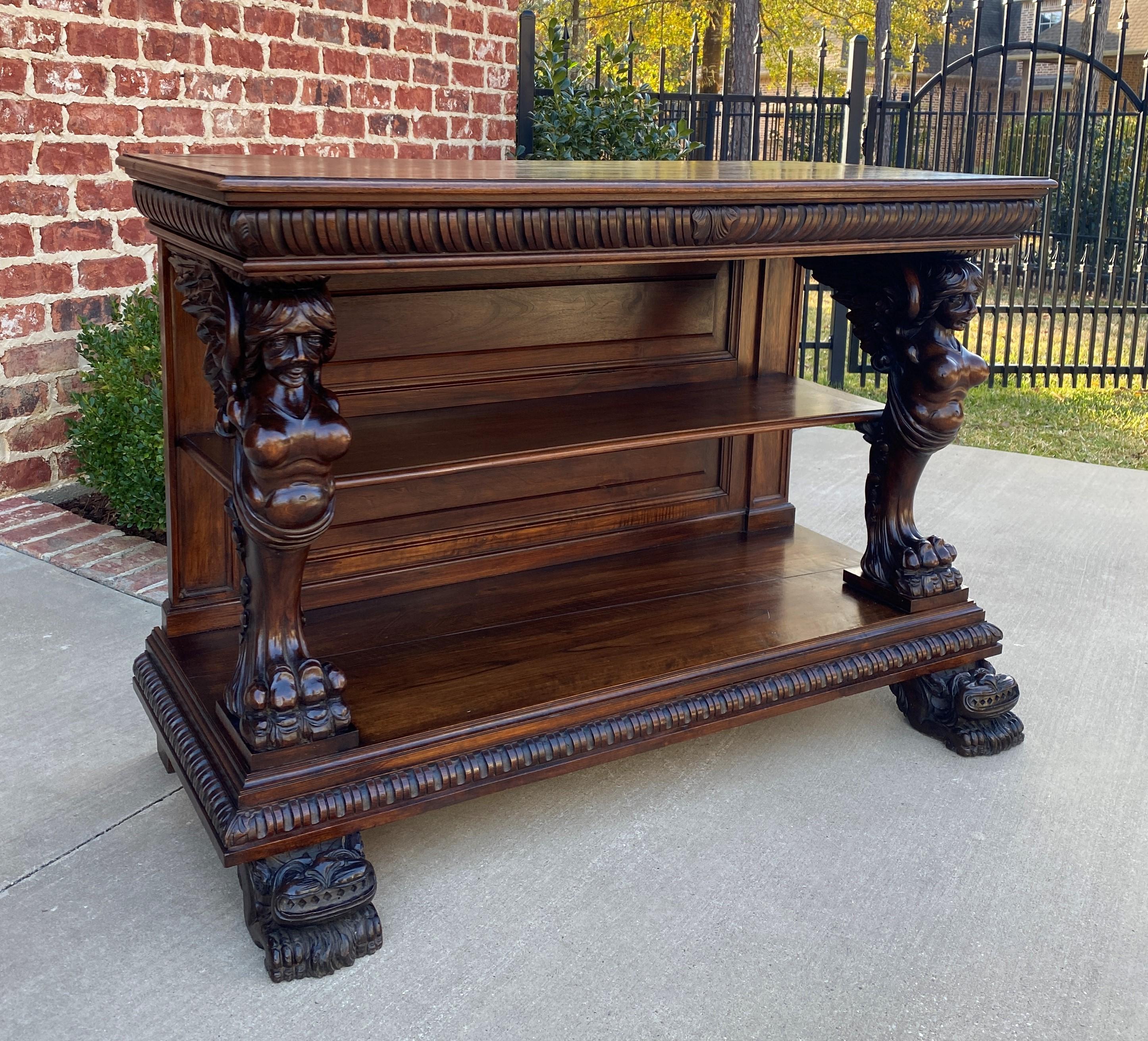 Antique French Gothic Console Table Server Sideboard 2-Tier Walnut Winged Figure For Sale 1