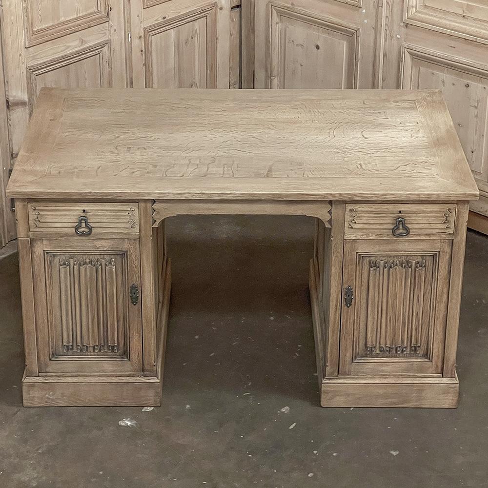 Gothic Revival Antique French Gothic Executive Desk in Stripped Oak For Sale