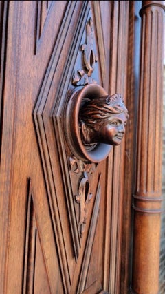 Antique French Gothic Figural Carved Walnut Chateau Buffet Sideboard Cabinet