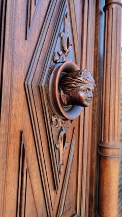 Antique French Gothic Figural Carved Walnut Chateau Buffet Sideboard Cabinet