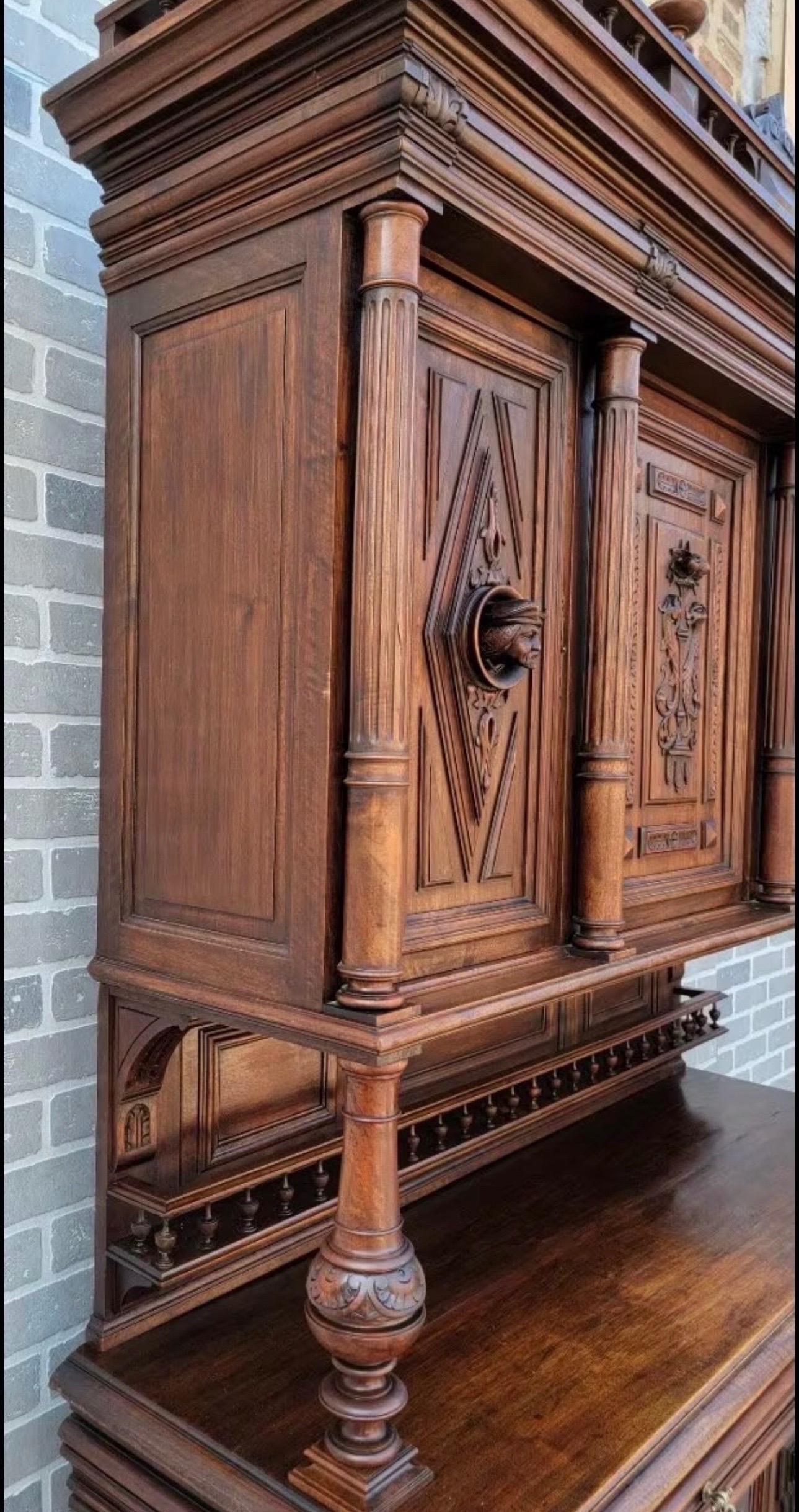 Hand-Carved Antique French Gothic Figural Carved Walnut Chateau Buffet Sideboard Cabinet For Sale