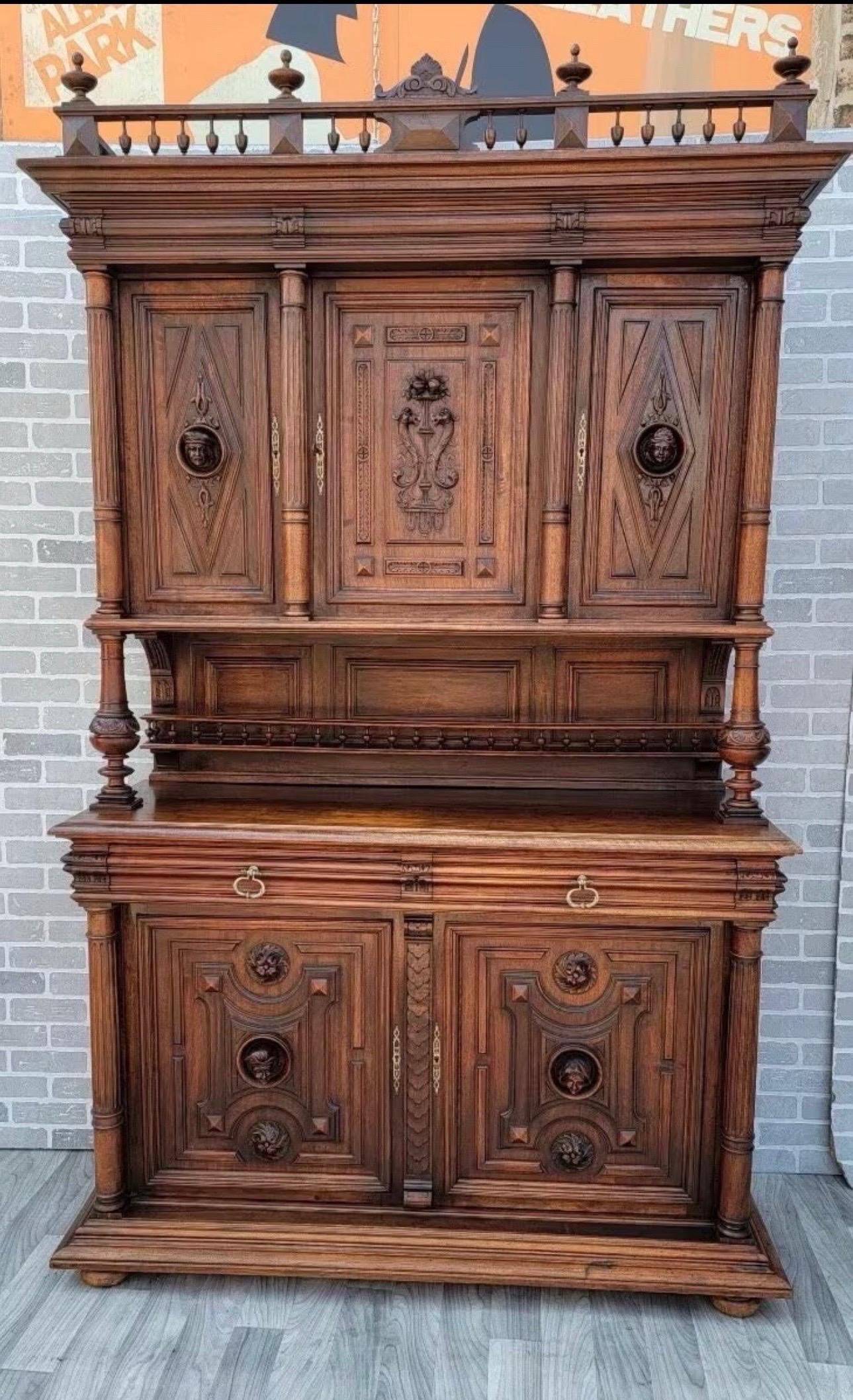 Brass Antique French Gothic Figural Carved Walnut Chateau Buffet Sideboard Cabinet For Sale