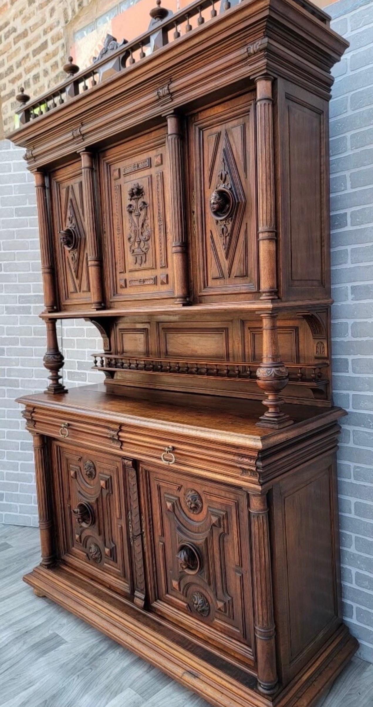 Antique French Gothic Figural Carved Walnut Chateau Buffet Sideboard Cabinet For Sale 2