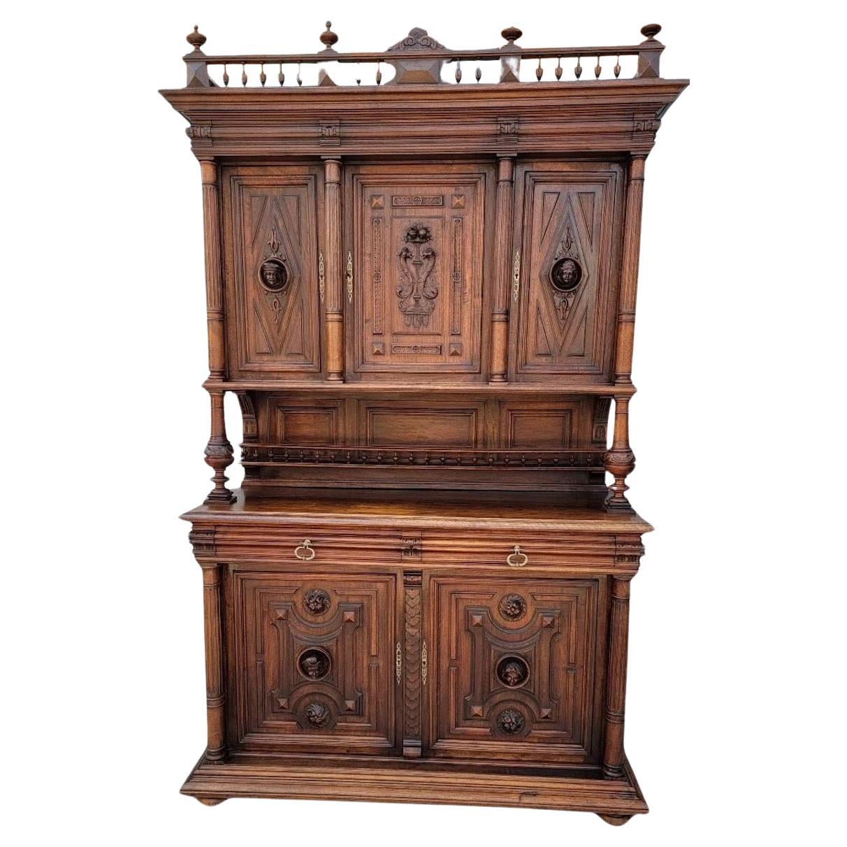 Antique French Gothic Figural Carved Walnut Chateau Buffet Sideboard Cabinet