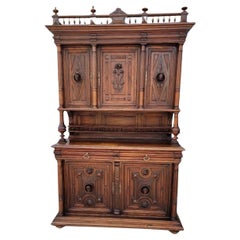 Antique French Gothic Figural Carved Walnut Chateau Buffet Sideboard Cabinet