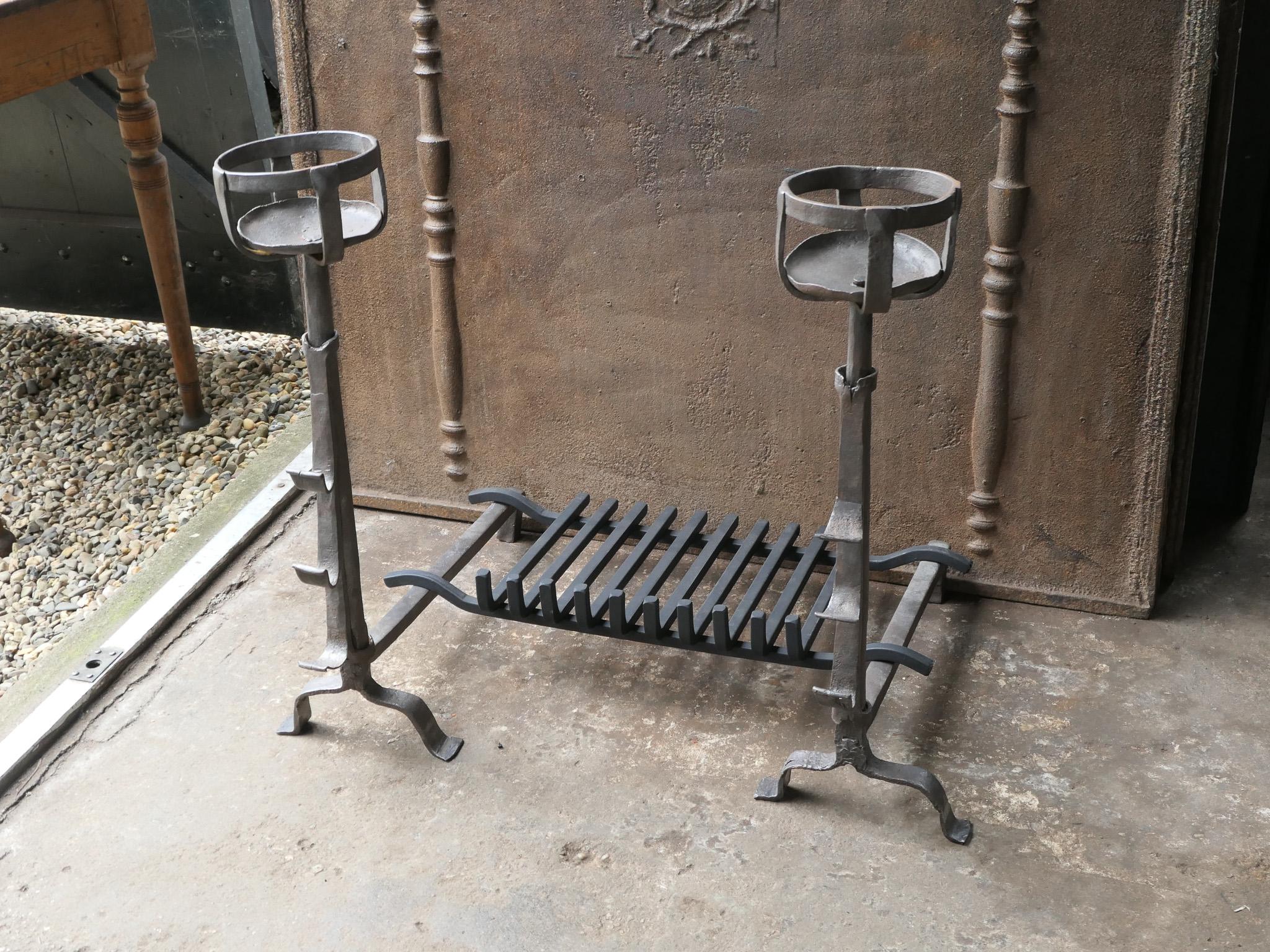Wrought Iron Antique French Gothic Fireplace Grate or Fire Basket, 17th Century For Sale