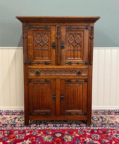 Antique French Gothic Linen Altar Wine Storage Cabinet Bookcase Bar Liquor Oak