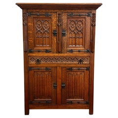 Antique French Gothic Linen Altar Wine Storage Cabinet Bookcase Bar Liquor Oak