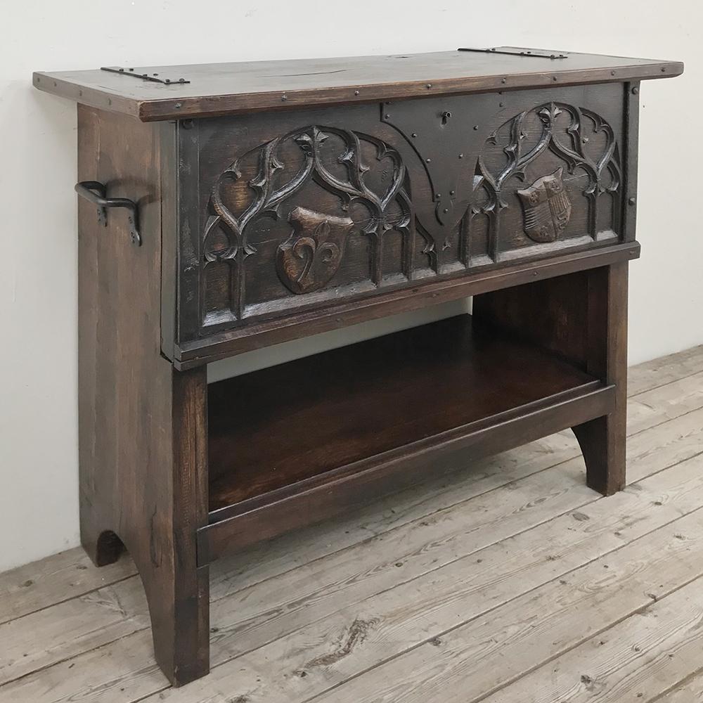 Antique French Gothic low buffet - console - sofa table is perfect behind the sofa, at the foot of the bed, or on a wall as a TV platform! Timeless styling and sturdy hand-craftsmanship make this a winner for any casual decor. Storage is accessible