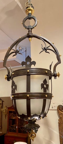 Antique French Gothic Patinated Bronze Lantern, circa 1900
