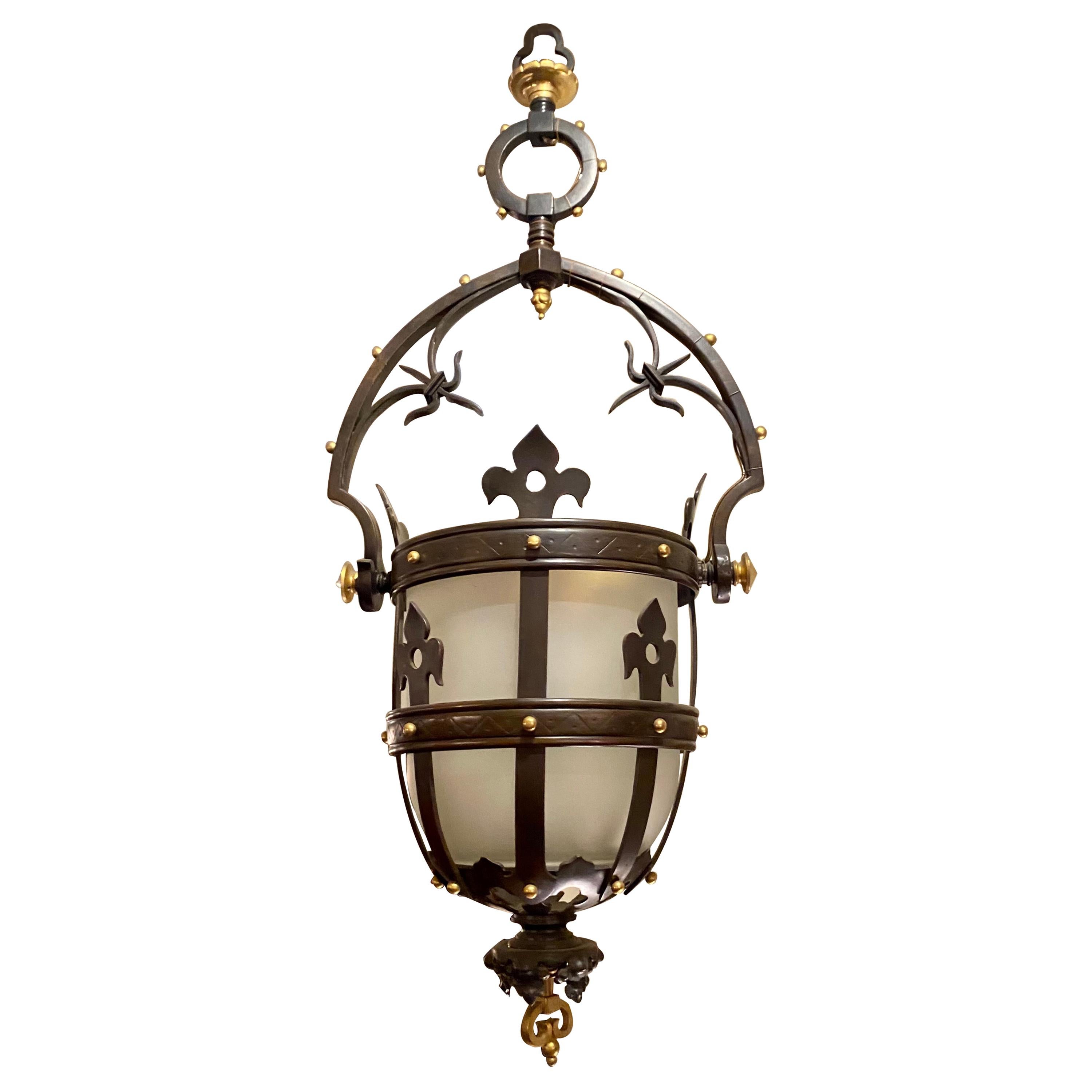 Antique French Gothic Patinated Bronze Lantern, circa 1900 For Sale