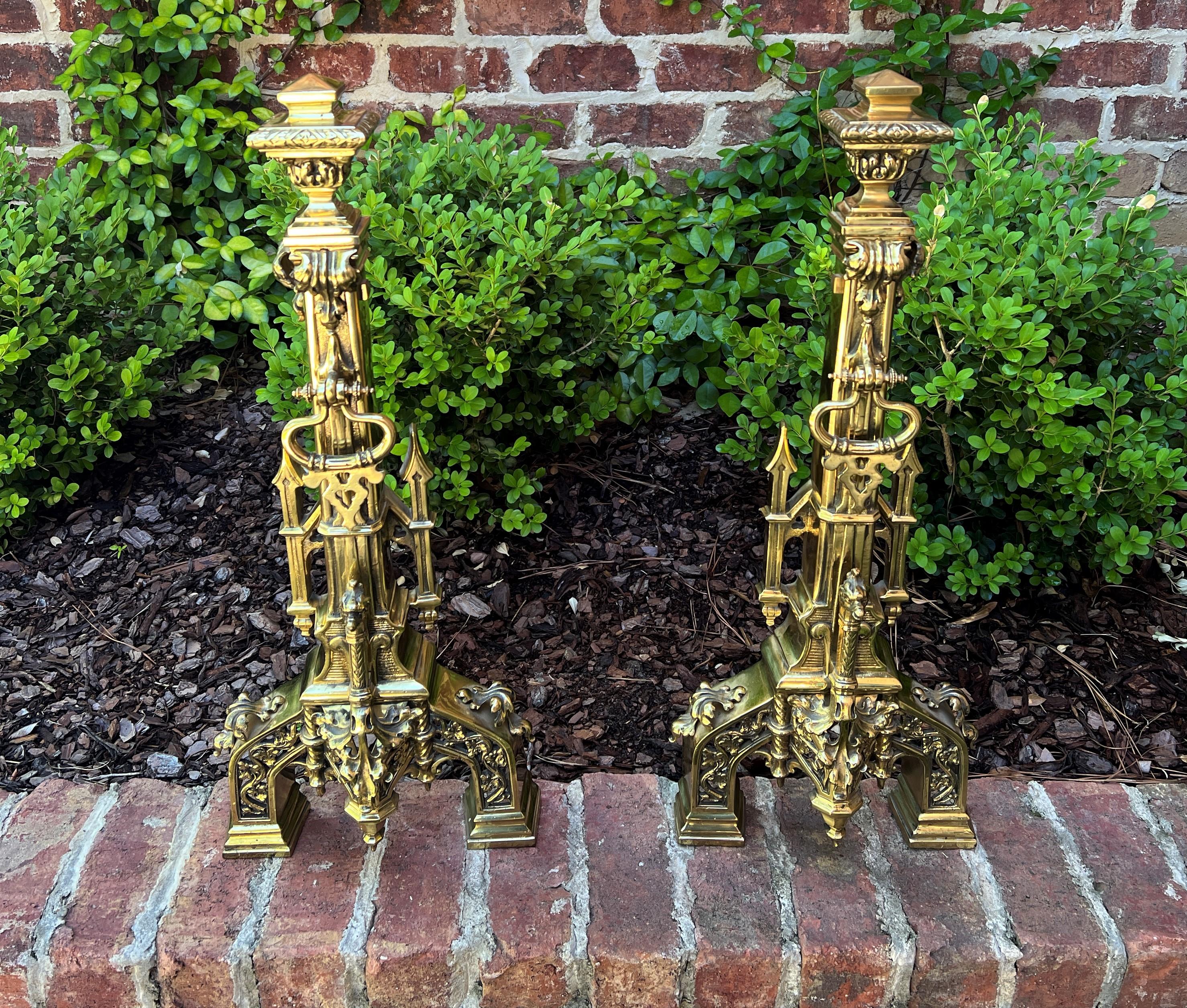 Antique French Gothic Revival Brass Andirons Pair Fireplace Hearth Bird Masks 8