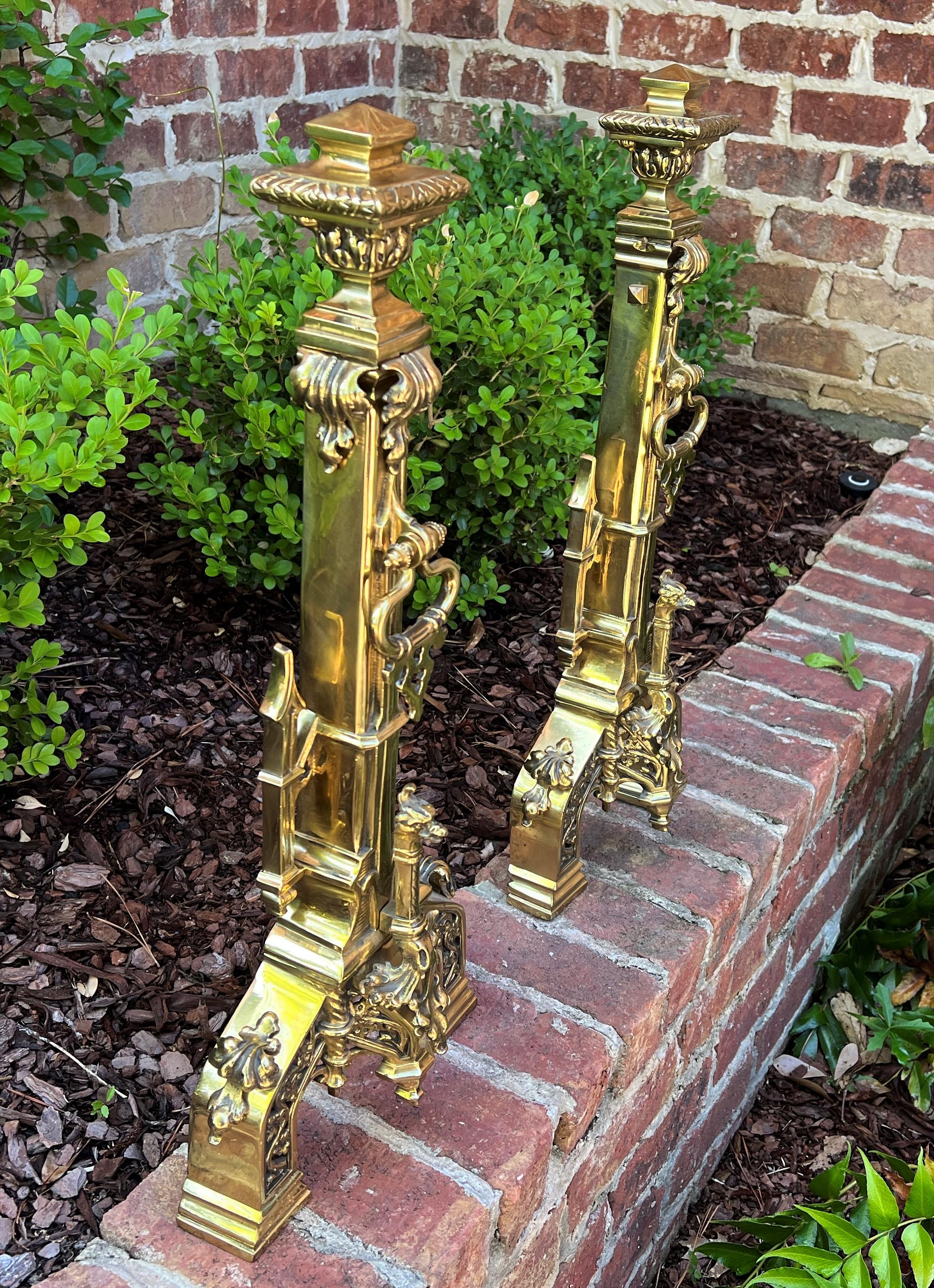 Antique French Gothic Revival Brass Andirons Pair Fireplace Hearth Bird Masks 10