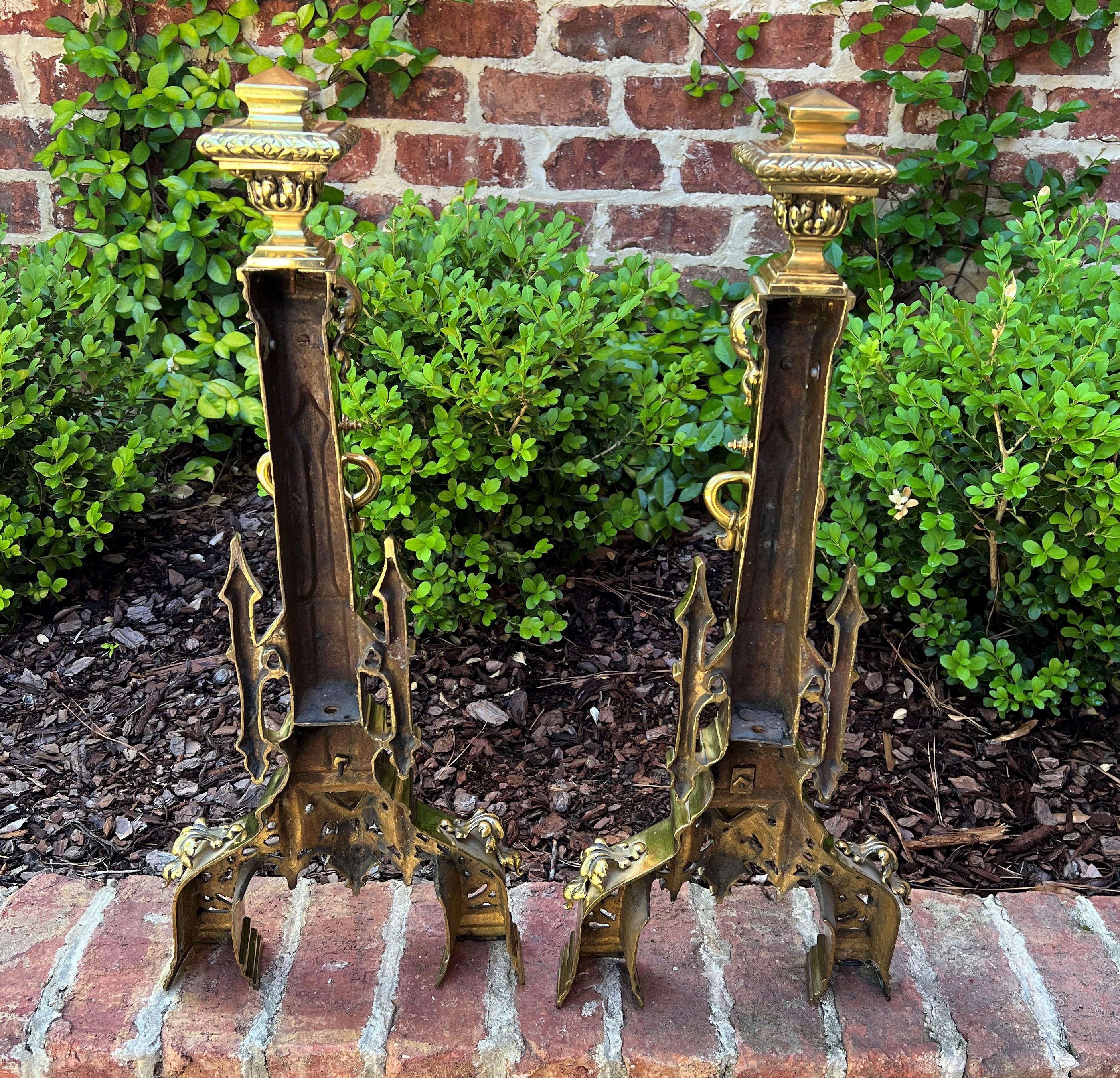 Antique French Gothic Revival Brass Andirons Pair Fireplace Hearth Bird Masks 11