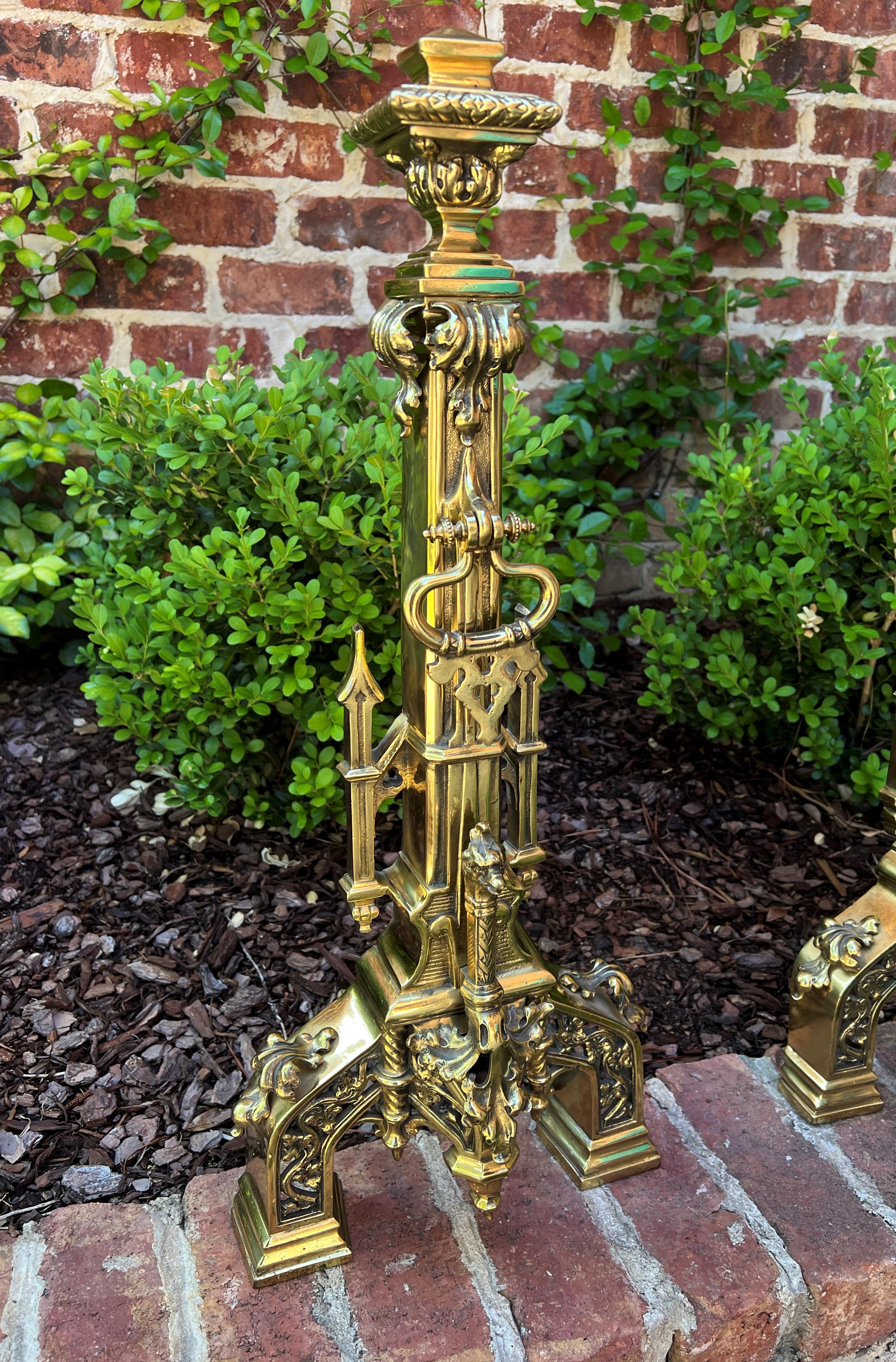 Antique French Gothic revival pair of brass andirons with bird masks~~Fireplace~~c. late 19th century

Traditional old world charm

 Measures: 26