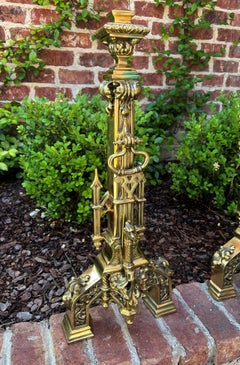 Antique French Gothic Revival Brass Andirons Pair Fireplace Hearth Bird Masks