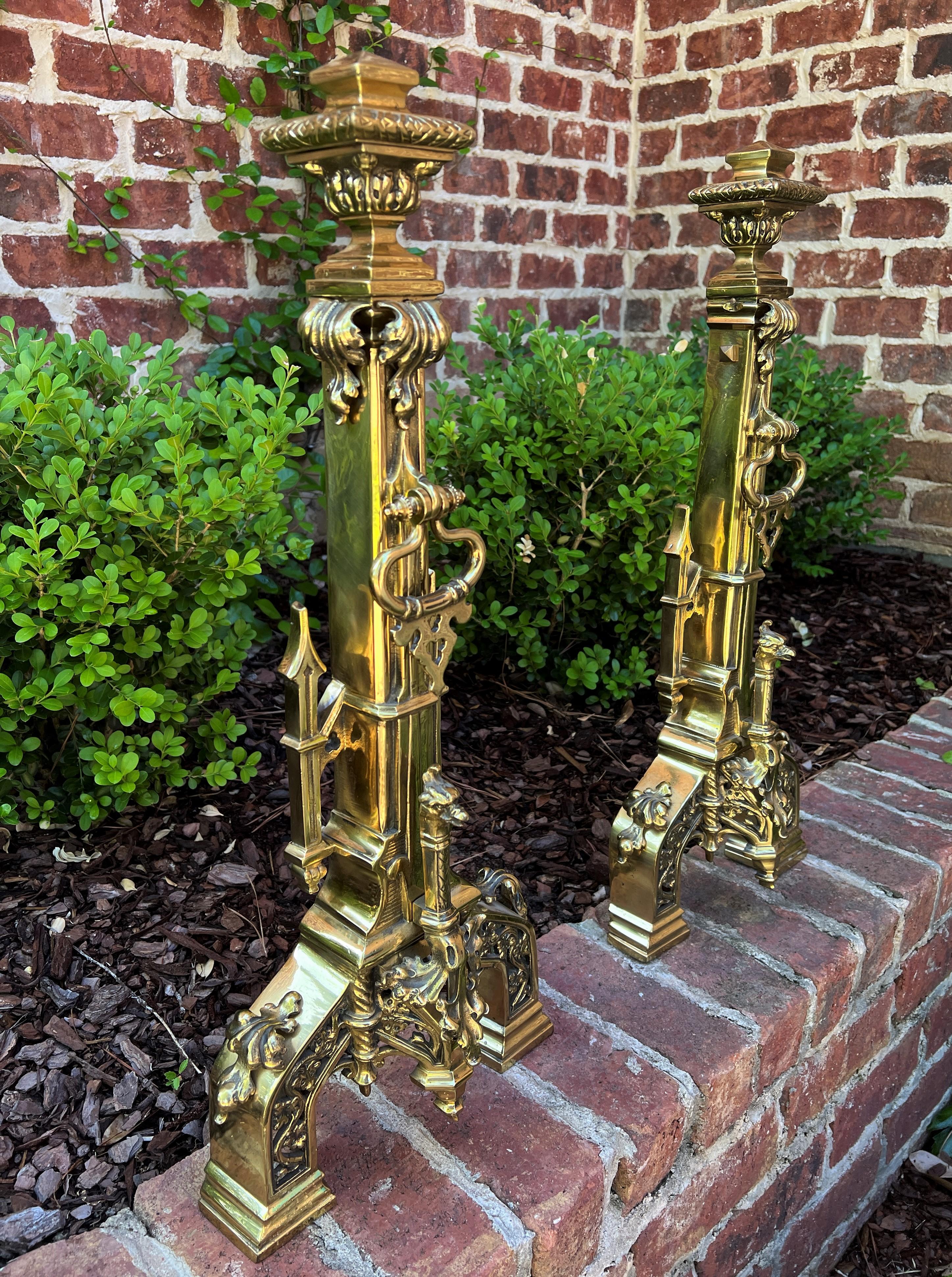 Antique French Gothic Revival Brass Andirons Pair Fireplace Hearth Bird Masks In Good Condition In Tyler, TX