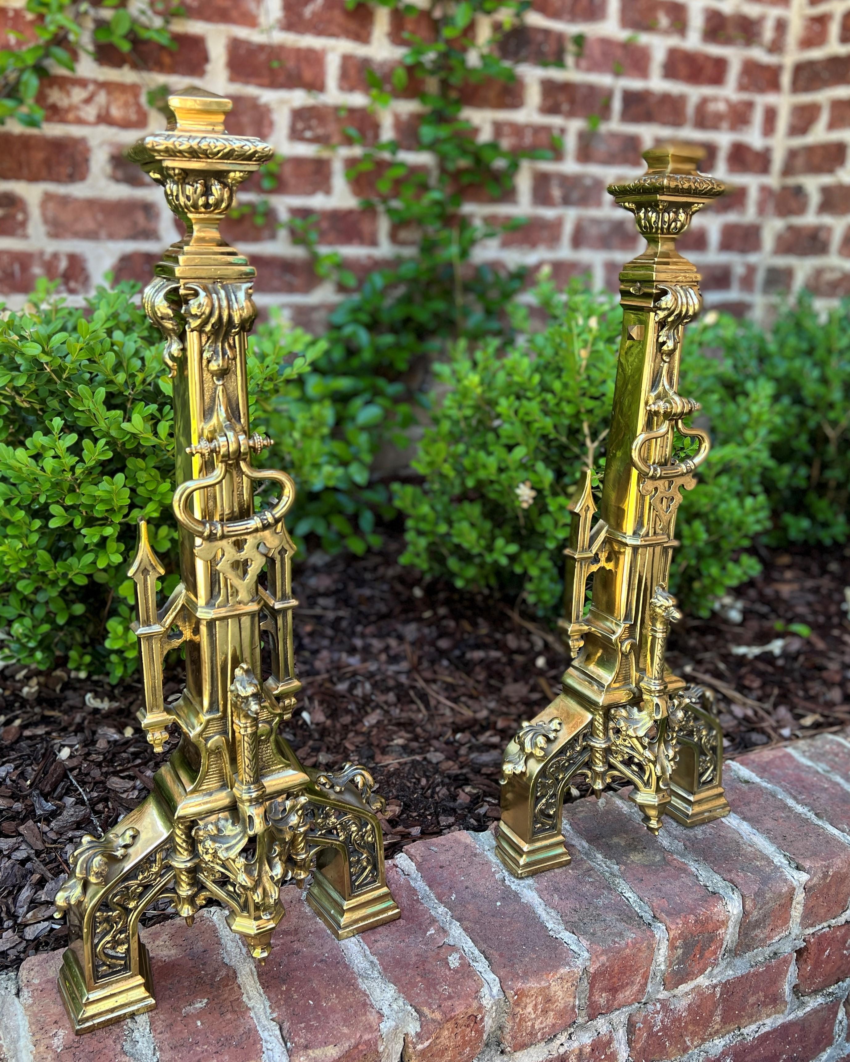 Antique French Gothic Revival Brass Andirons Pair Fireplace Hearth Bird Masks 3