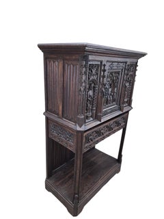 Antique French Gothic Revival Carved Oak Cabinet with Religious Figures