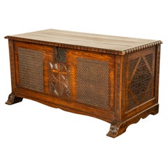 Antique French Gothic Revival Carved Oak Dowry Coffer Chest Bench Seat 1820