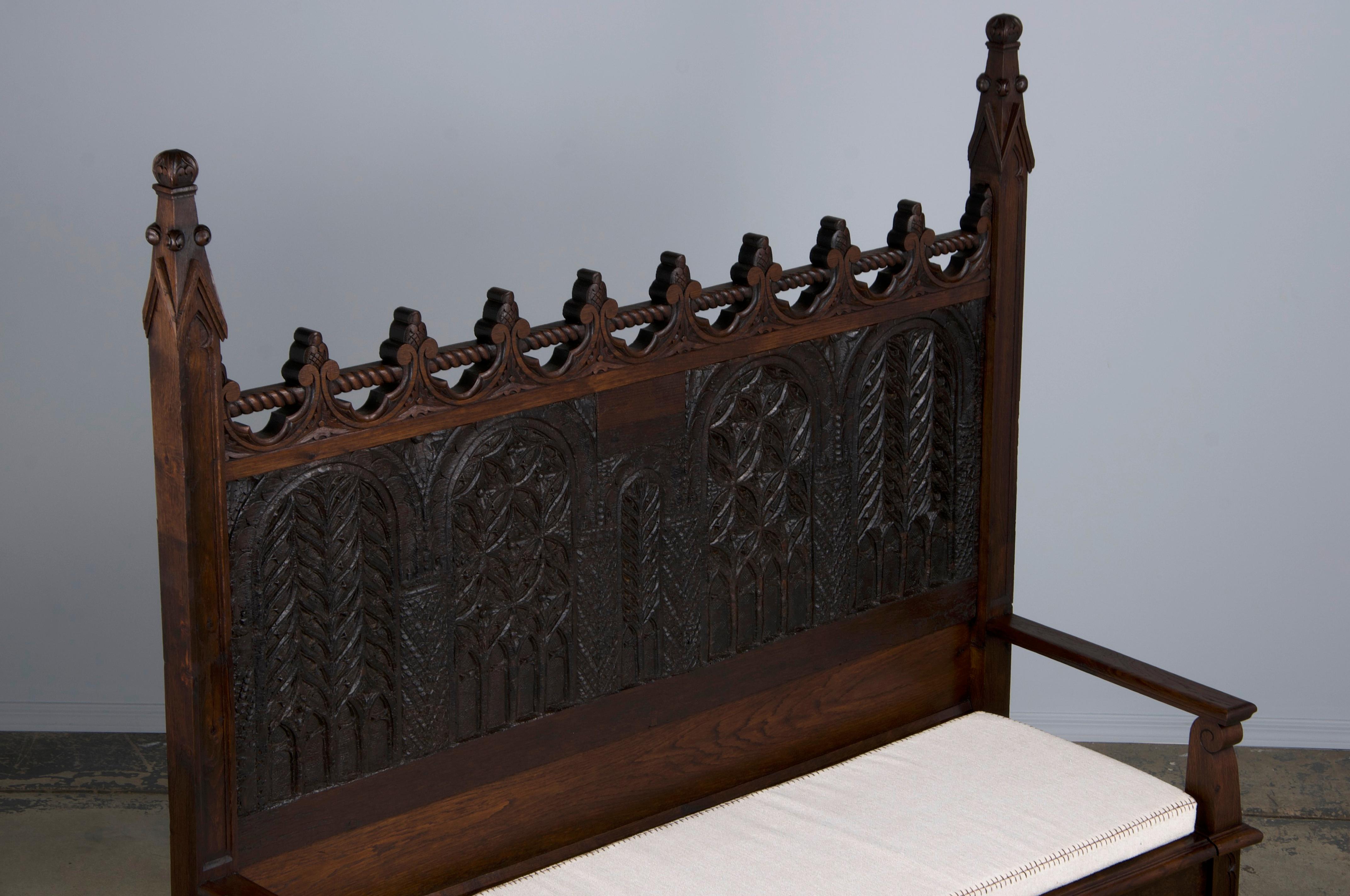 Antique French Gothic Revival Carved Oak Hall Bench W/ Cushion 5