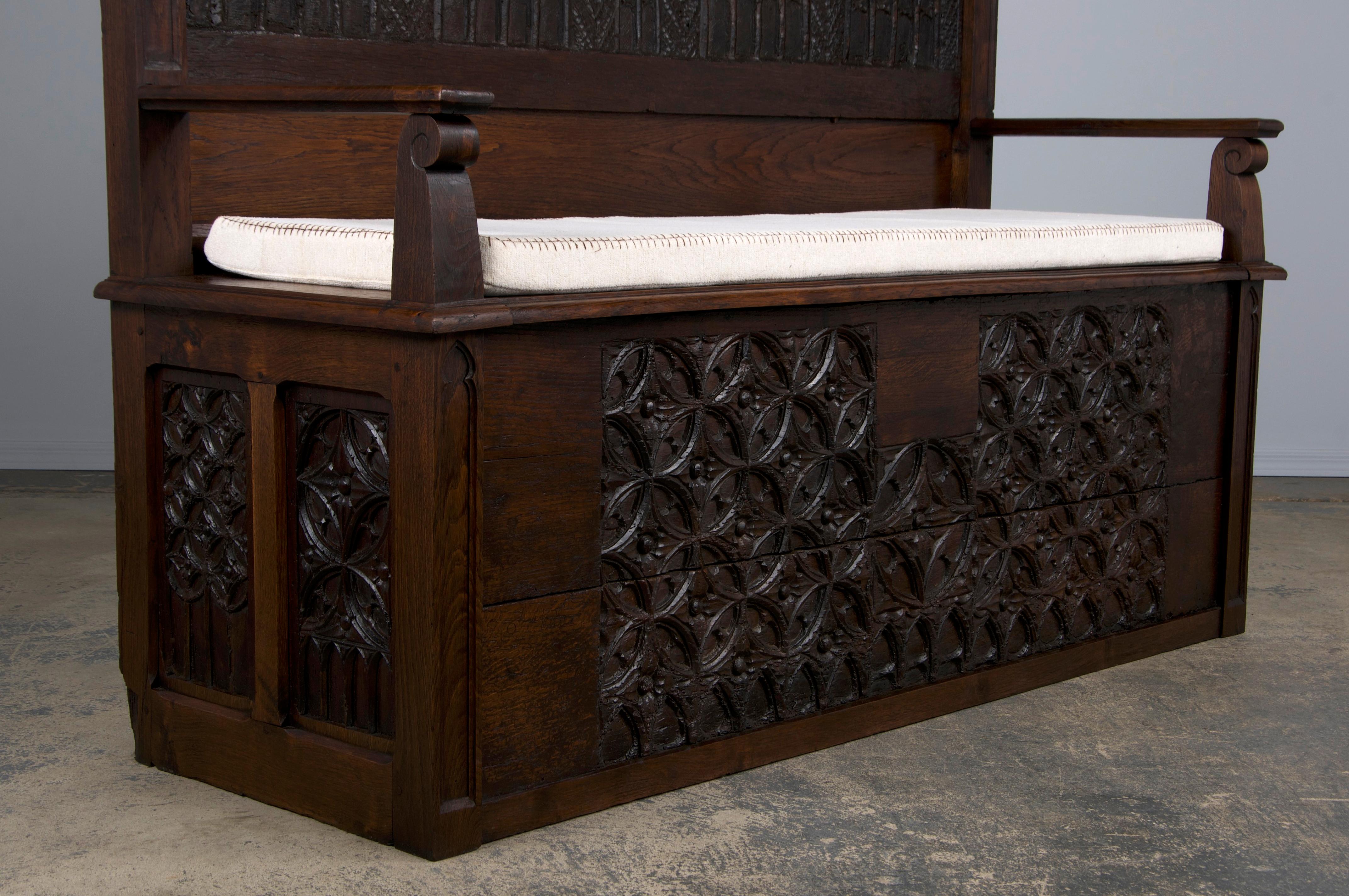 Antique French Gothic Revival Carved Oak Hall Bench W/ Cushion 6