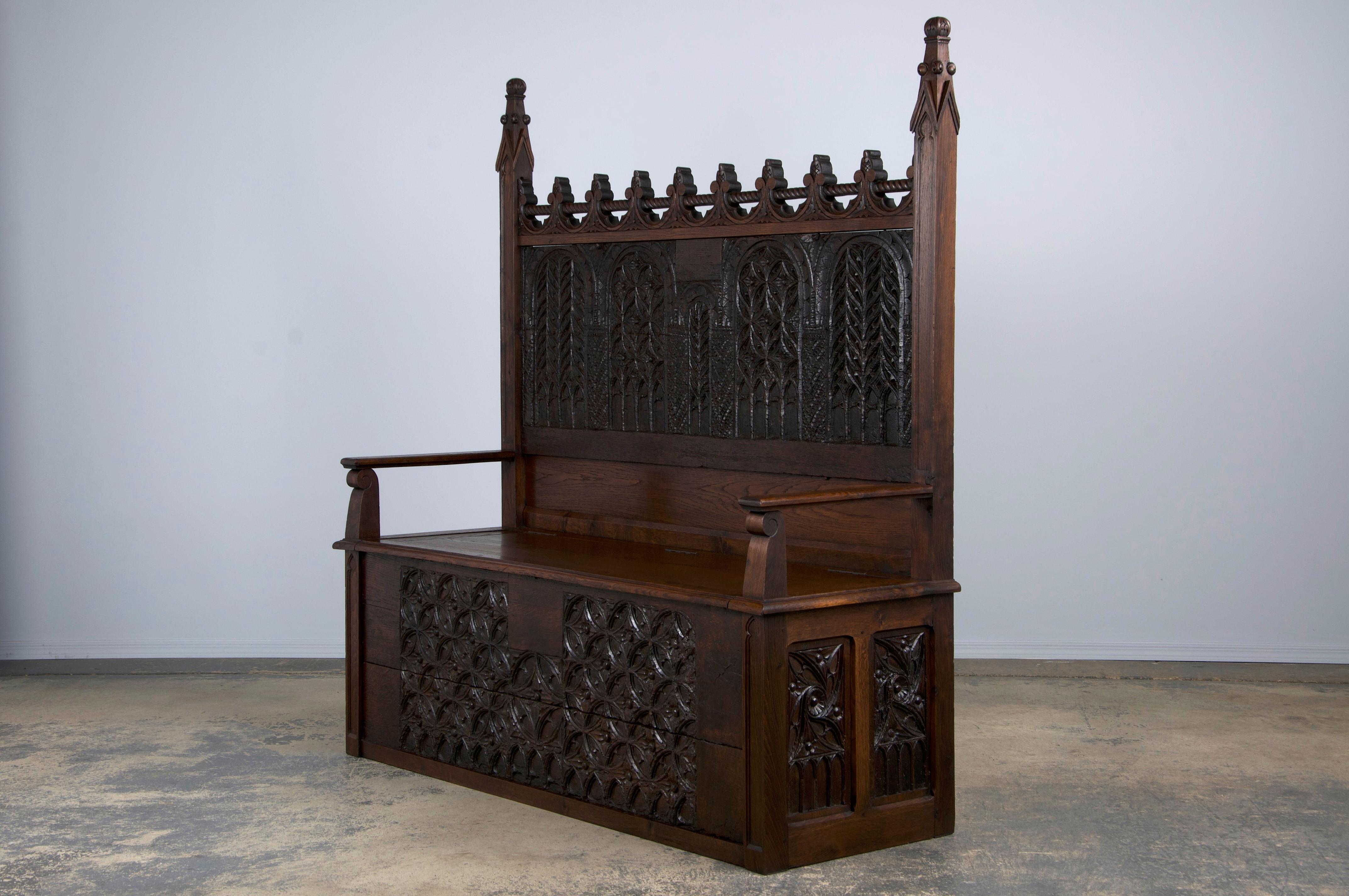 Antique French Gothic Revival Carved Oak Hall Bench W/ Cushion 11
