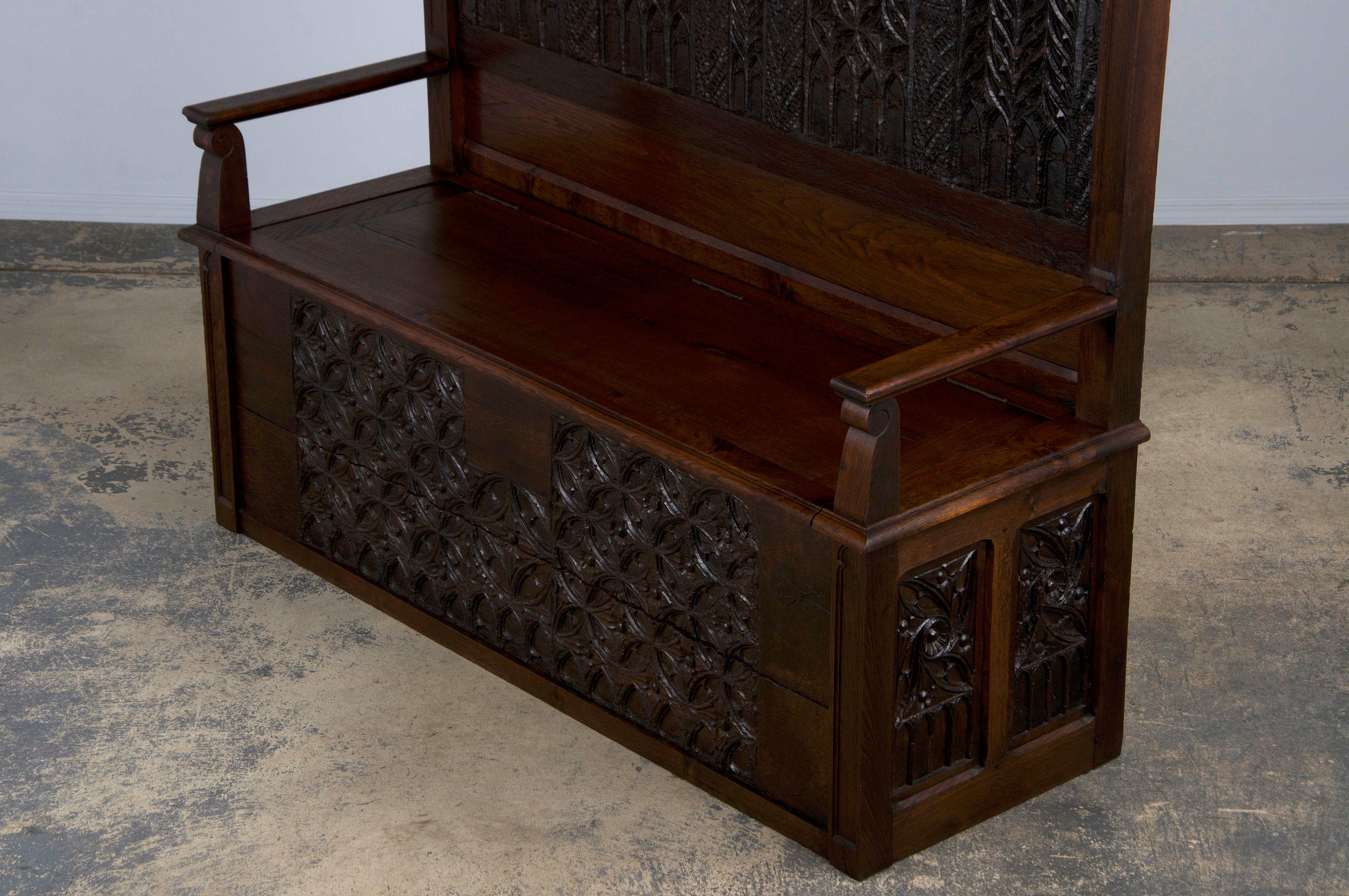 Antique French Gothic Revival Carved Oak Hall Bench W/ Cushion 13