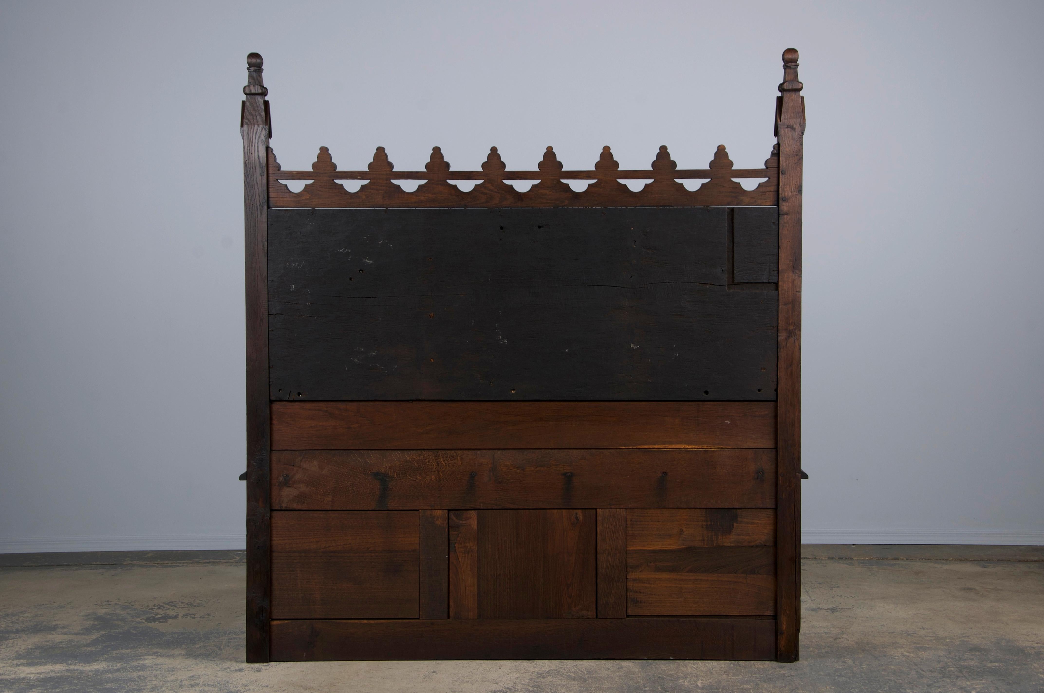Antique French Gothic Revival Carved Oak Hall Bench W/ Cushion 15