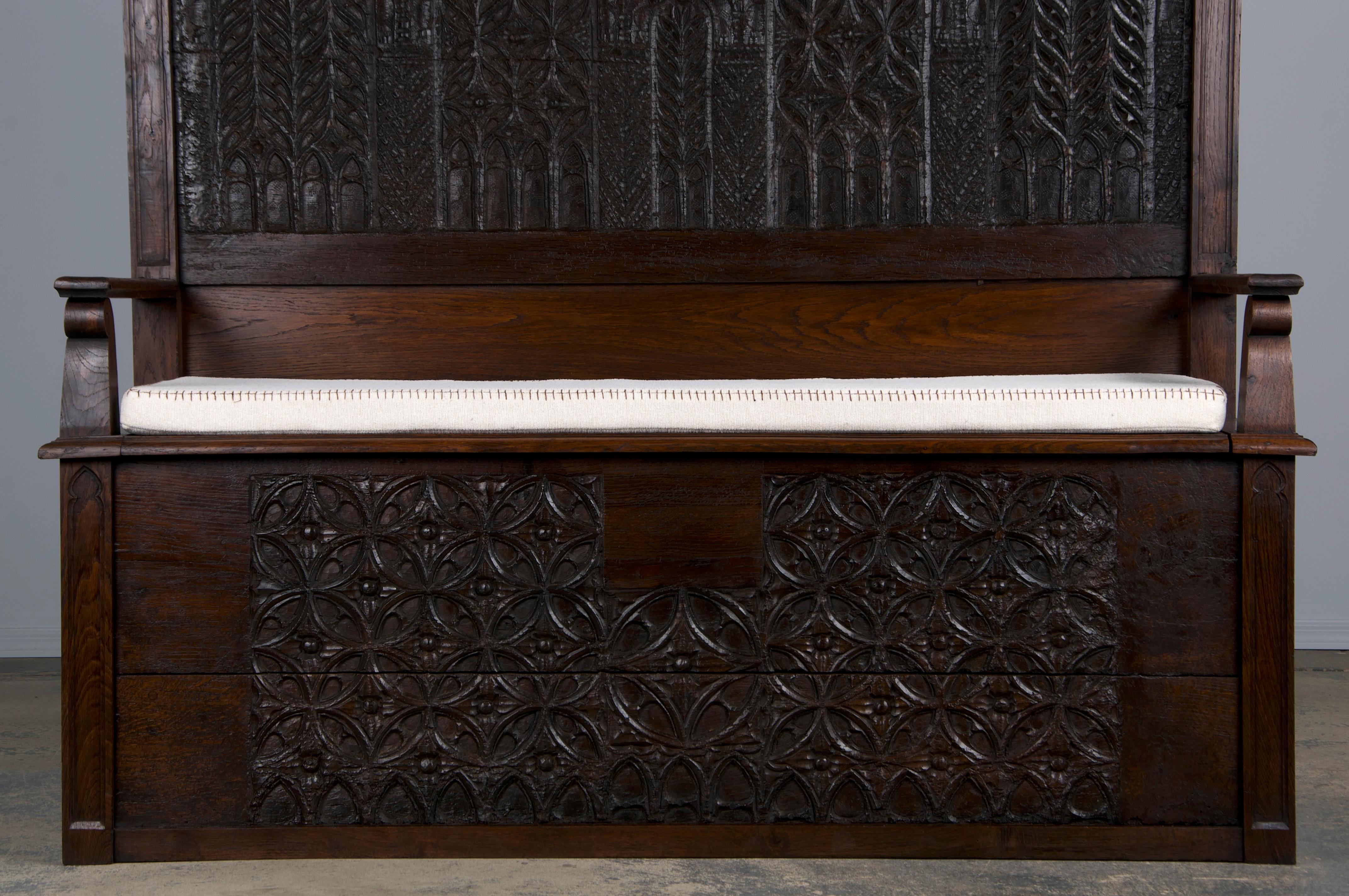 Hand-Carved Antique French Gothic Revival Carved Oak Hall Bench W/ Cushion