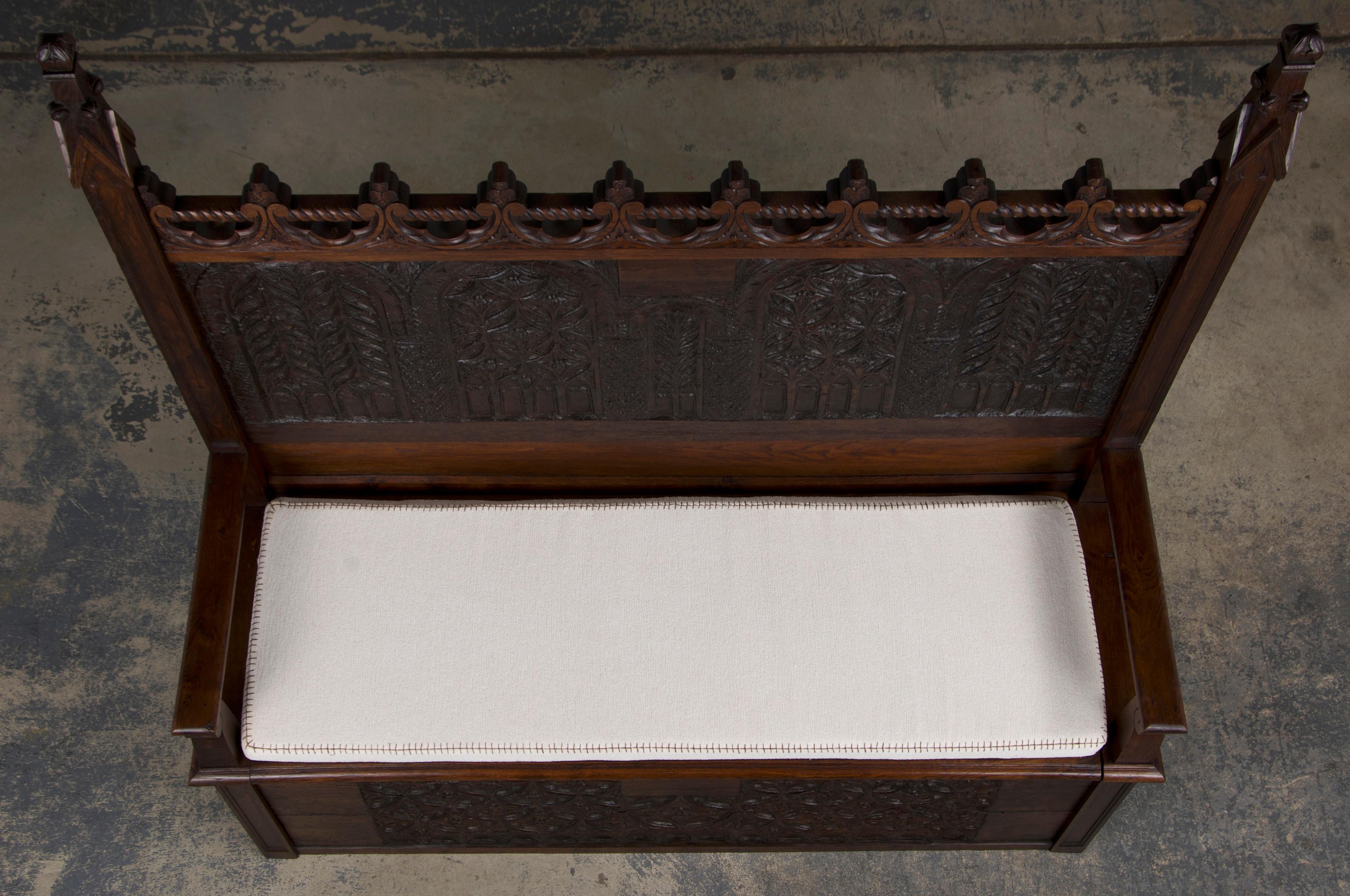 19th Century Antique French Gothic Revival Carved Oak Hall Bench W/ Cushion